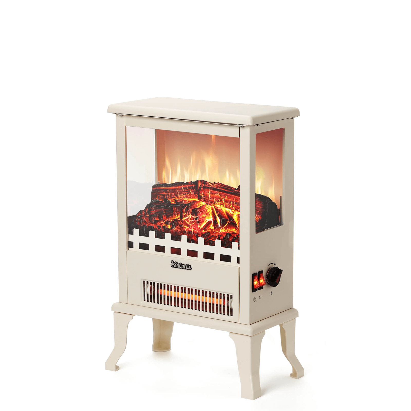 (Open Box) Suburbs TS17Q Electric Fireplace Stove Heater - Portable Space Heater with Realistic Flame Effect for Home, Office & Bedroom - Perfect for Winter Warmth & Cozy Ambiance