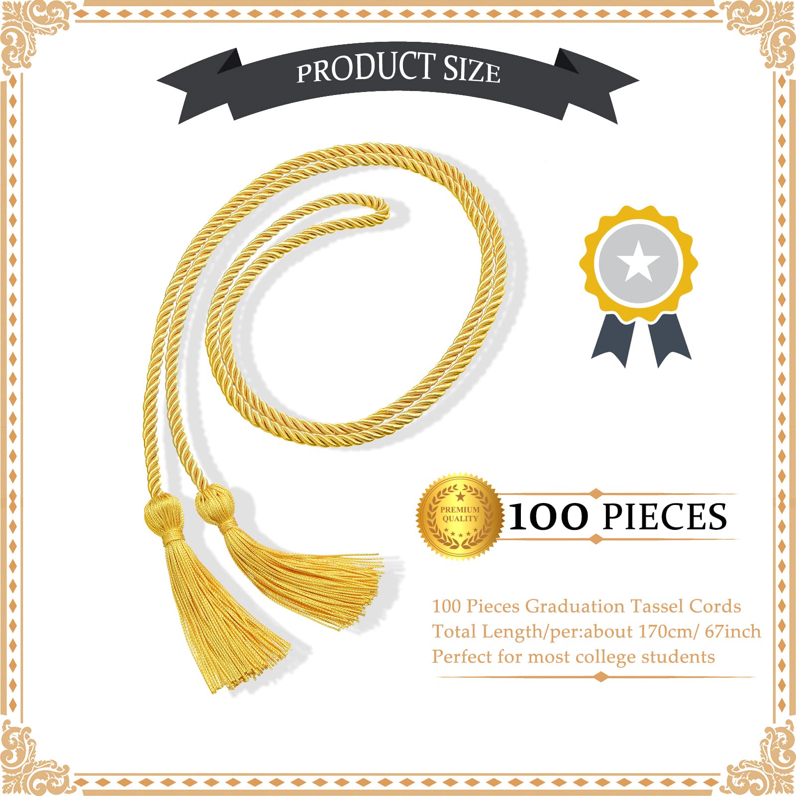 100 Pack Gold Graduation Honor Cords 67 Inch - Bulk Braided Tassels for High School & College Graduation Ceremony, Party Favors, Gifts & Photo Accessories - Perfect for Commencement, Yearbook Pictures & Academic Celebrations