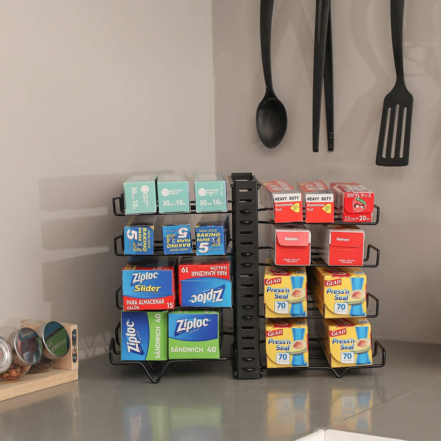 Upgraded X-cosrack Adjustable Wrap Organizer Rack - 8 Wire Holders, Multifunctional Kitchen Storage for Plastic Wrap, Foil & Parchment Paper - Space Saving Cabinet & Pantry Organizer - Black Small (Patent Pending) - Perfect for Kitchen Countertops, Drawers & Closet Organization