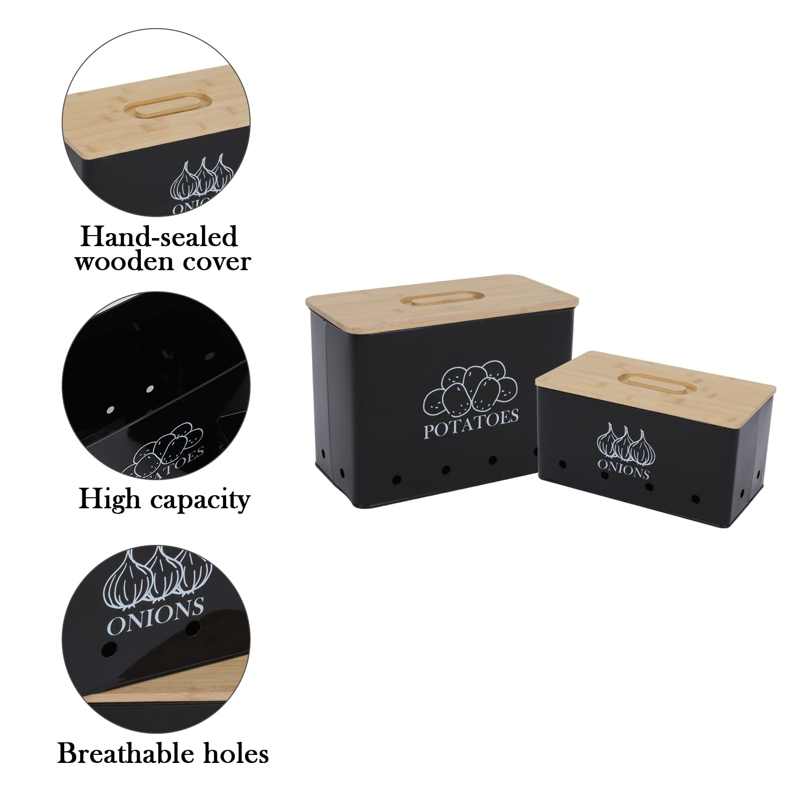 Potato and Onion Storage Box Set of 2 - Airtight Food Containers with Bamboo Lid & Ventilation Holes - Kitchen Vegetable Storage Canisters for Freshness - Perfect for Pantry, Countertop, or Fridge Organization