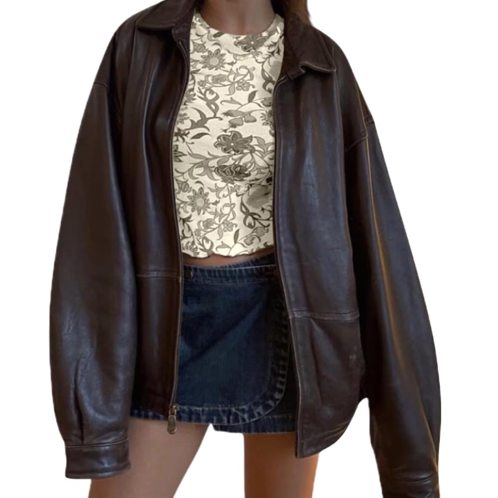 Vintage Brown Oversized Leather Jacket for Women - 90s Y2K Retro Fashion, Soft Faux Leather Biker Jacket with Distressed Details | Perfect Birthday Gift, Christmas Present for Her | Great for Casual Outfits, Streetwear Looks & Night Out