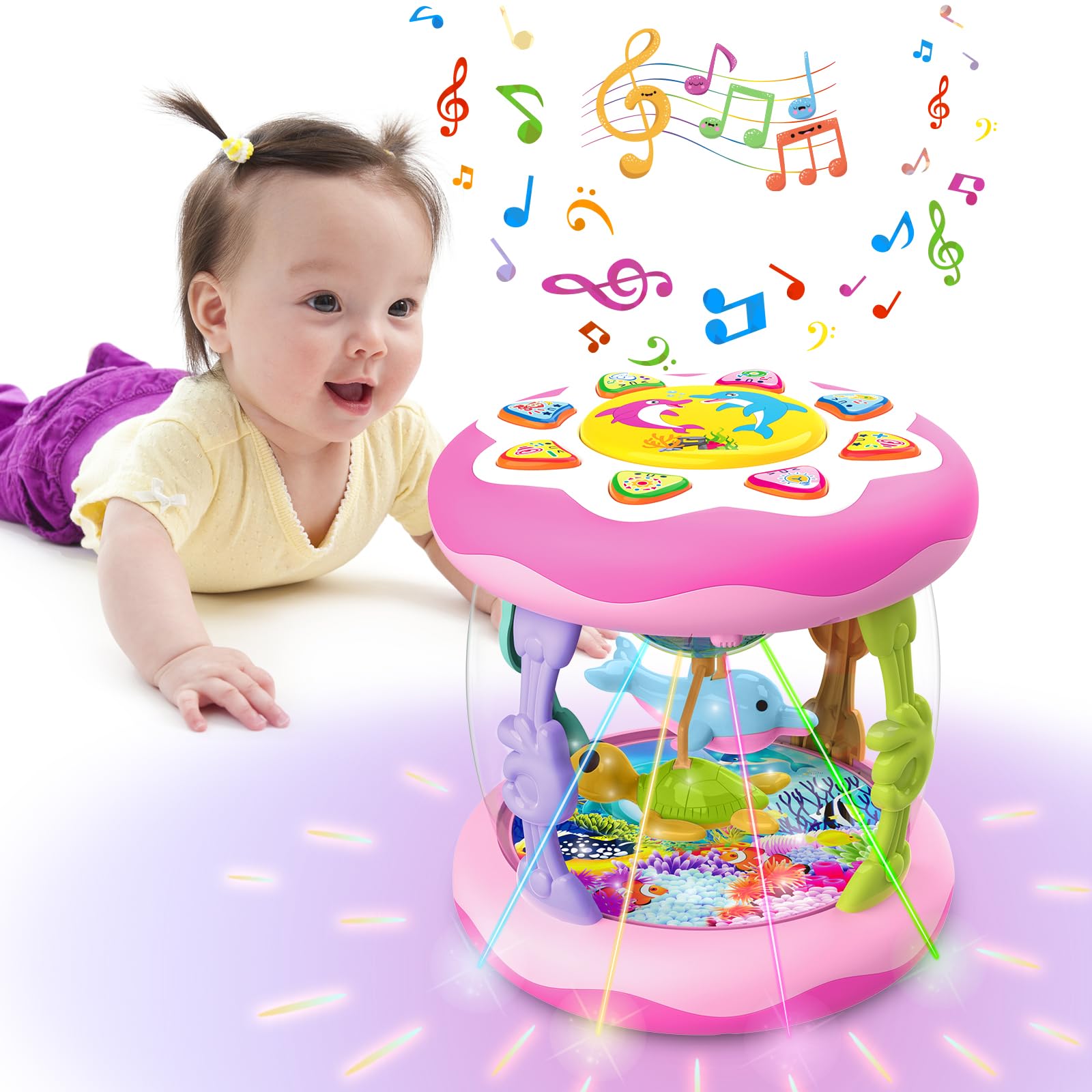 Ocean Rotating Light Up Musical Baby Toys for 6-12 Months - Pink Tummy Time & Crawling Toys for Infant Girls 3-18 Months | Interactive Sensory Toy for 1-3 Year Old Girls | Perfect Baby Shower Gift & Early Learning Developmental Toy