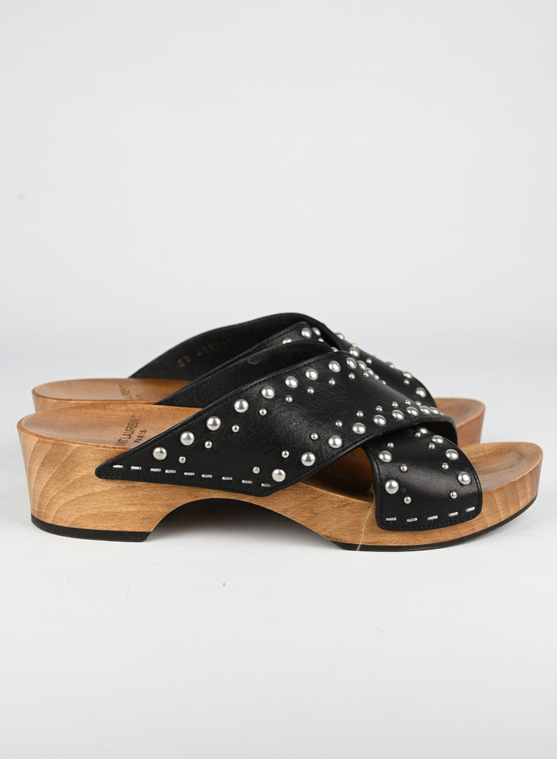 Saint Laurent Black Leather Wooden Zoccoli Shoes Size 39 - Luxury Italian Designer Loafers for Women | Perfect for Office, Parties & Casual Wear