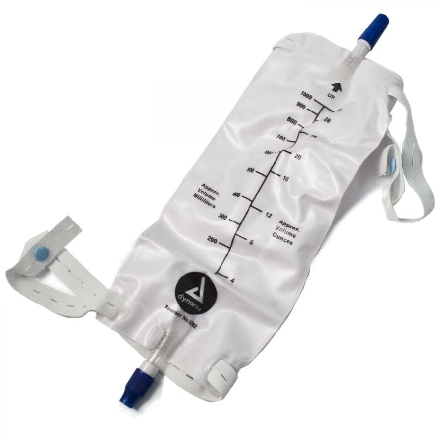 Dynarex Vinyl Urinary Leg Bag with Anti-Reflux Valve - 1000mL Capacity, Pack of 12 | Ideal for Medical Use, Home Care, and Post-Surgery Recovery