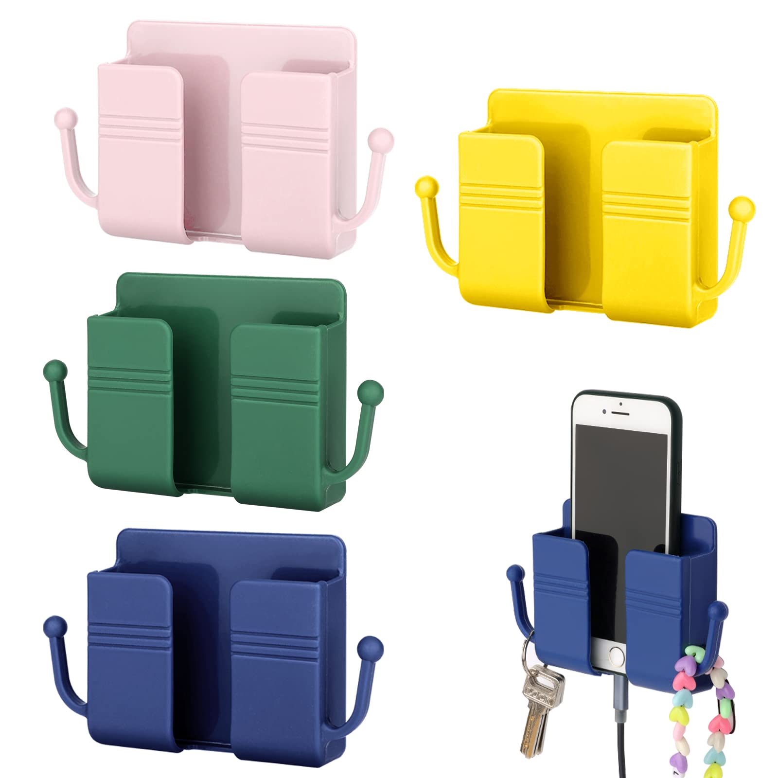 KINBOM 4PCS Self-Adhesive Wall Mount Phone Holder with Hooks - Universal Smartphone Stand Bracket for Bedroom, Living Room, Bathroom (4 Colors) - Perfect for Hands-Free Viewing, Charging & Organizing Remote Controls