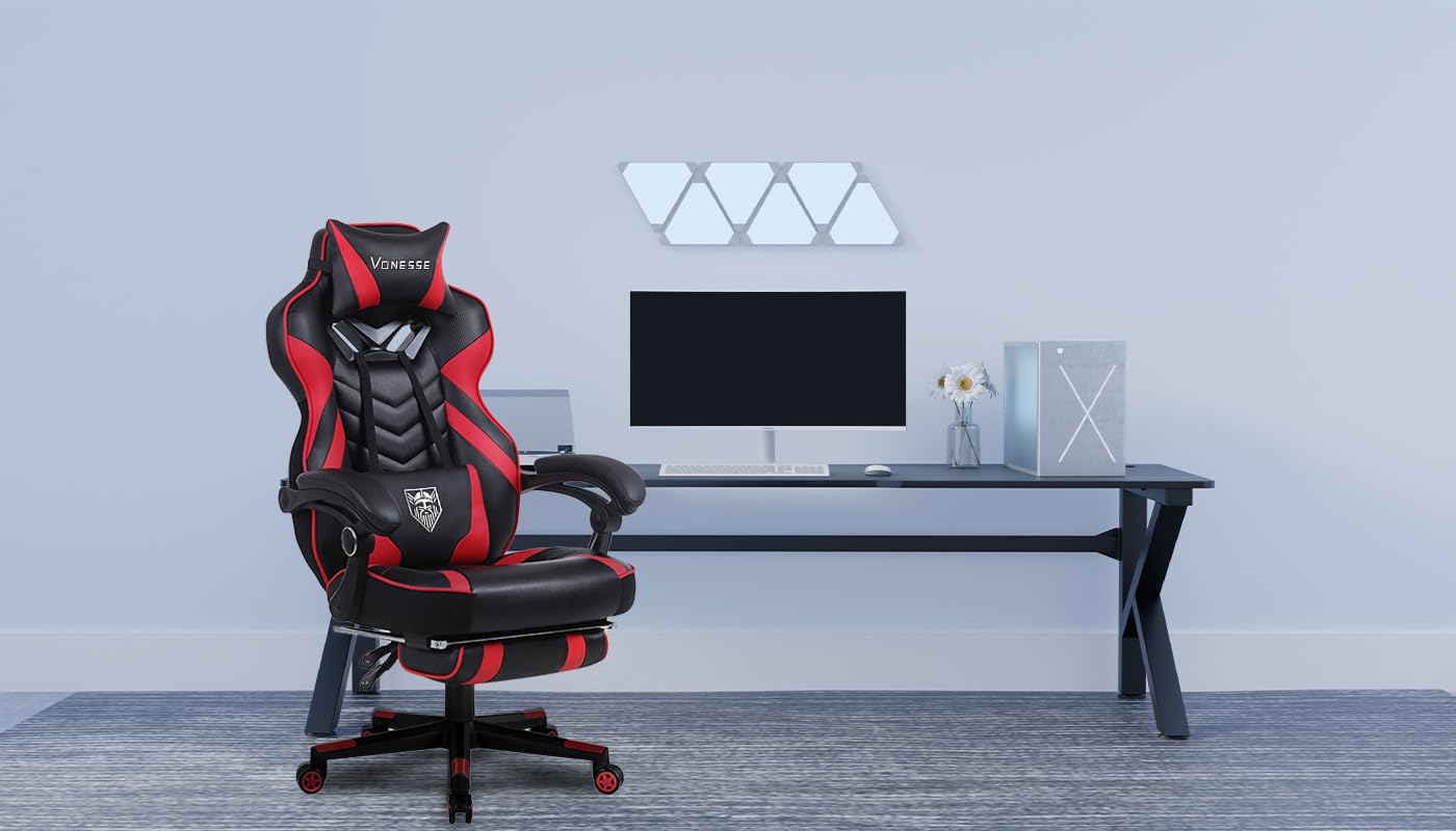 Vonesse Ergonomic Gaming Chair for Adults - High Back Computer Chair with Adjustable Lumbar Support, Footrest & Massage - Big and Tall Reclining Gamer Chair (Red/Black) - Perfect for PC Gaming, Office Work & Home Entertainment