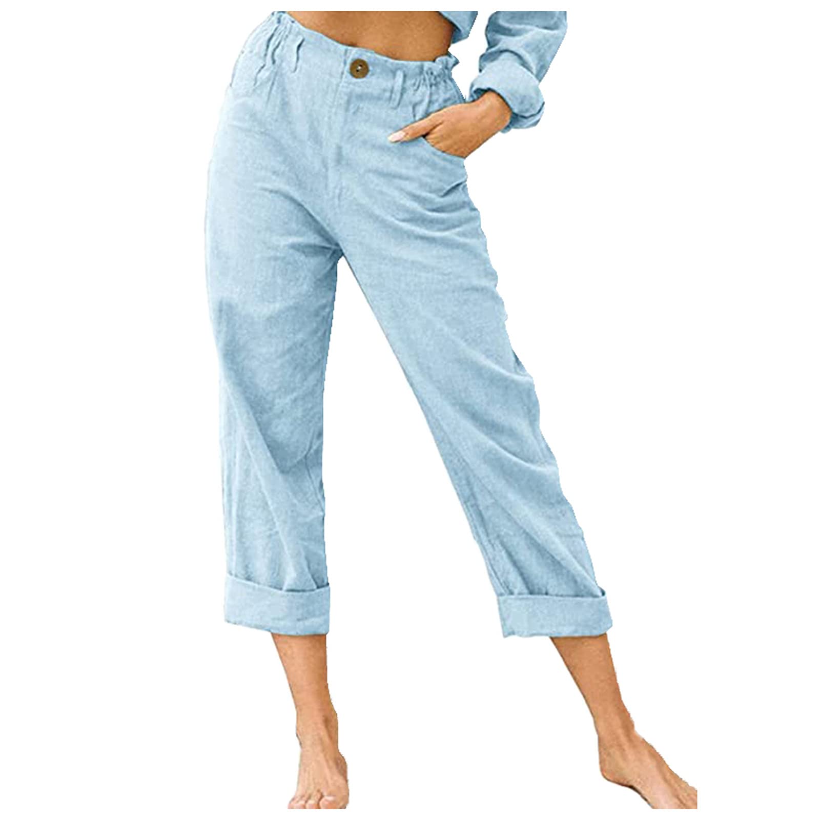 Women's Casual Cotton Linen Drawstring Trousers - Elastic Waist Comfortable Pants for Lounge, Travel & Everyday Wear