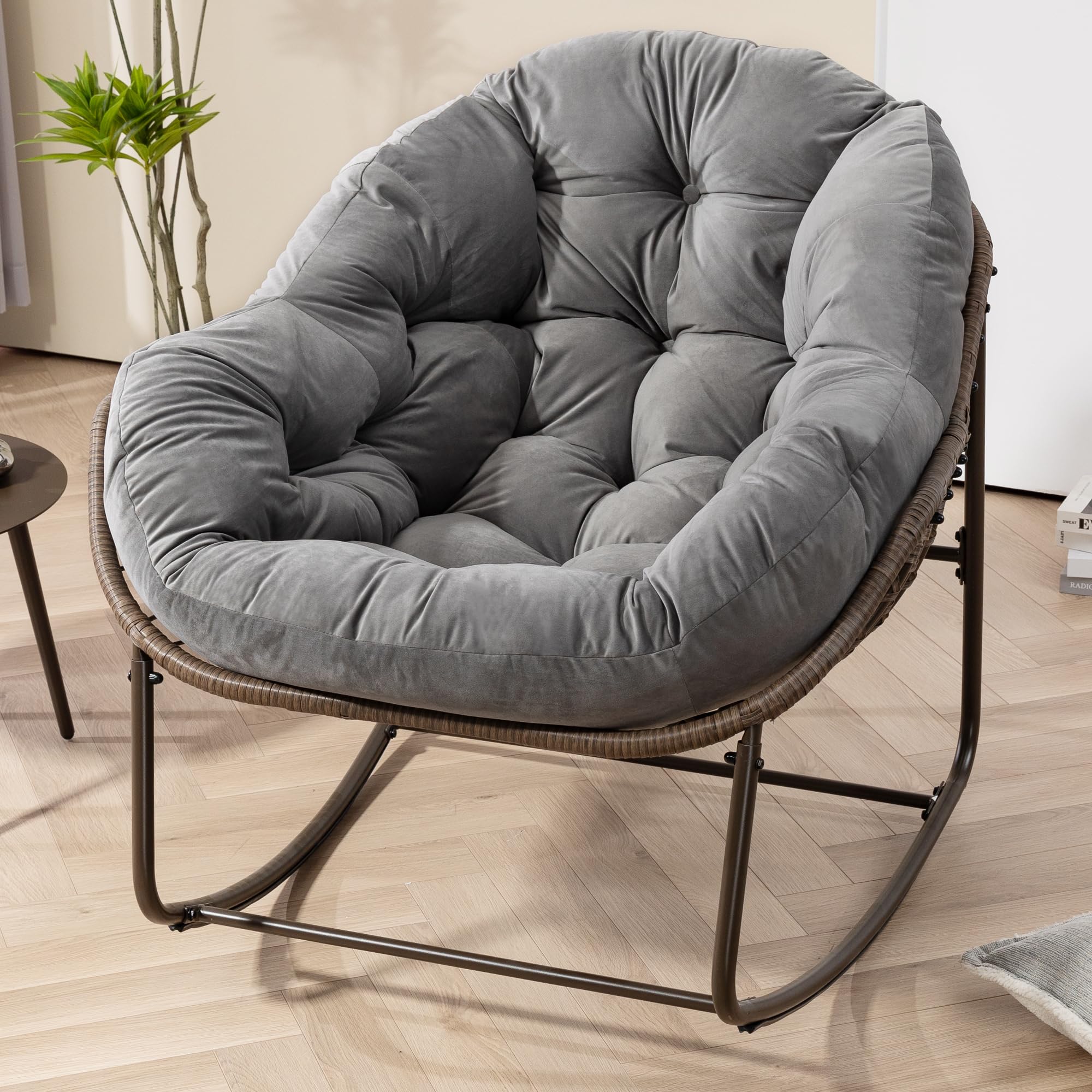 Outdoor Papasan Rocking Chair - Oversized Comfortable Patio Swing Chair with Cushion, Indoor/Outdoor Egg-Shaped Rattan Rocker for Porch, Lawn, Bedroom & Living Room - Grey Velvet (Perfect for Relaxing, Reading & Sunbathing)