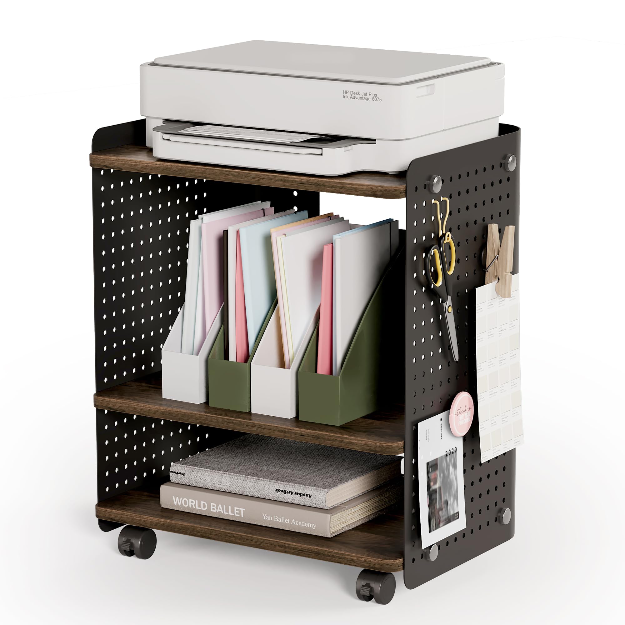 Heavy Duty 3D Printer Stand with Adjustable Shelf & Wheels - 22x18 Inch Rolling Printer Cart, 3 Tier Pegboard Storage Organizer for Home Office - Perfect for 3D Printing Workspace & Craft Room Organization