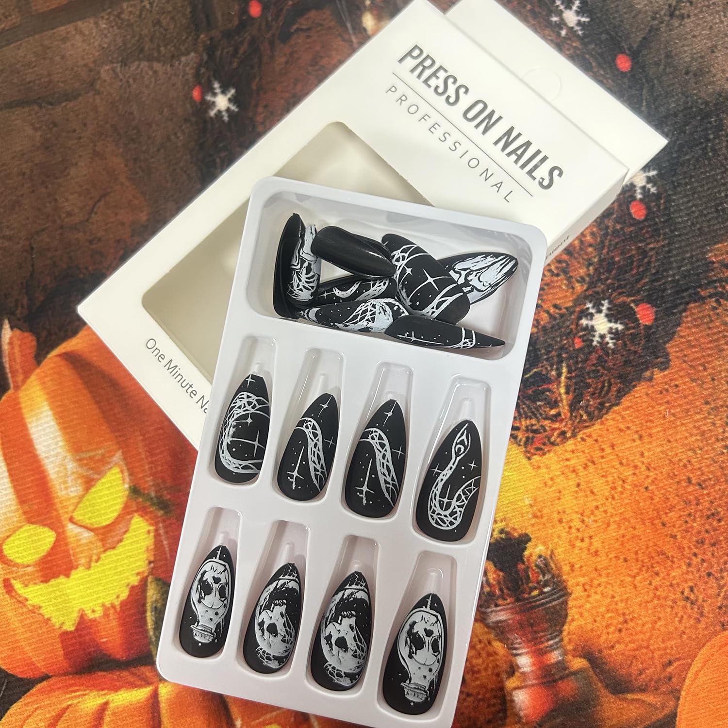 Halloween Press on Nails Almond Shape - 24Pcs Black Glossy Acrylic Fake Nails with Skull & Snake Designs - Reusable Full Cover False Nails for Women - Perfect for Day of The Dead, Costume Parties & Spooky Events