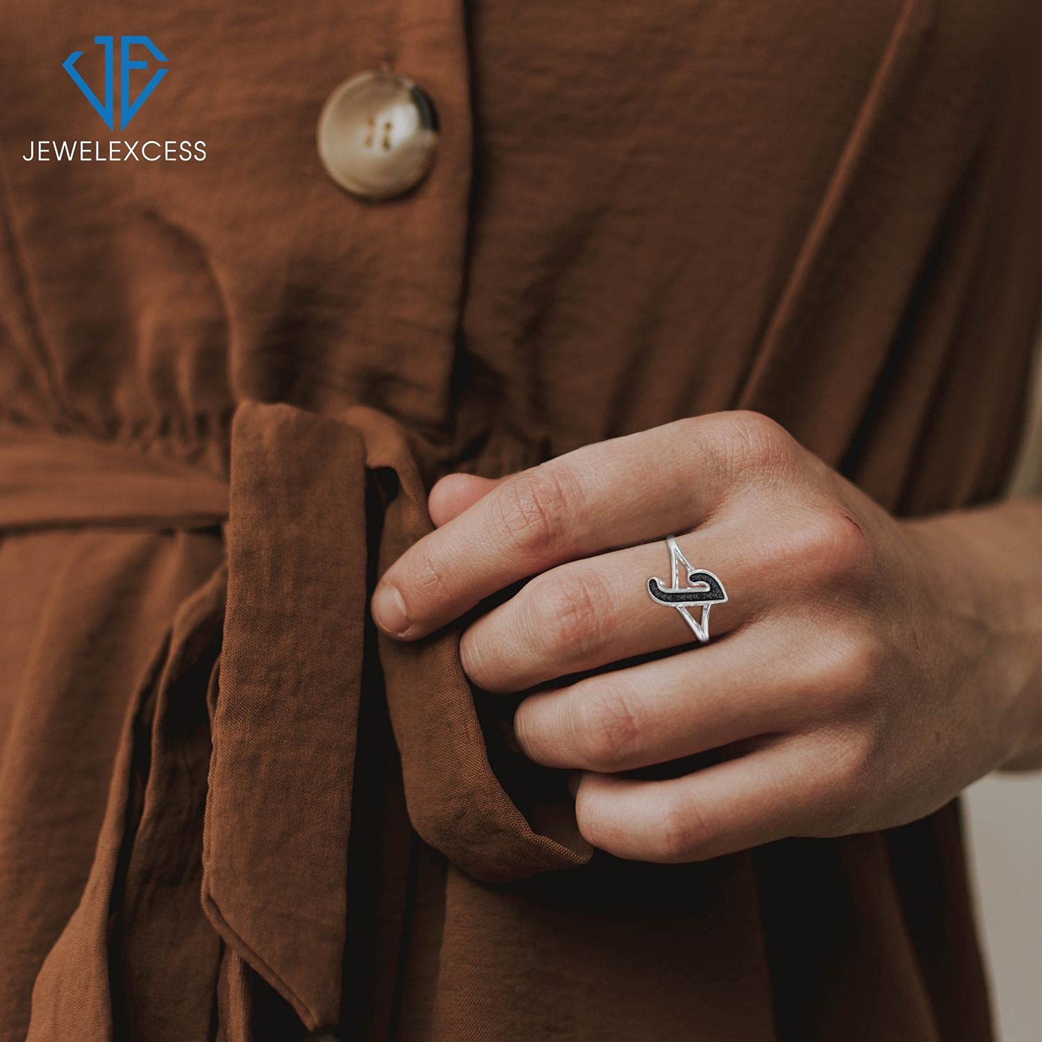 JEWELEXCESS Sterling Silver A-Z Initial Ring with Black Diamond Accent - Personalized Name Ring for Women, Perfect Gift for Birthday, Anniversary & Valentine's Day