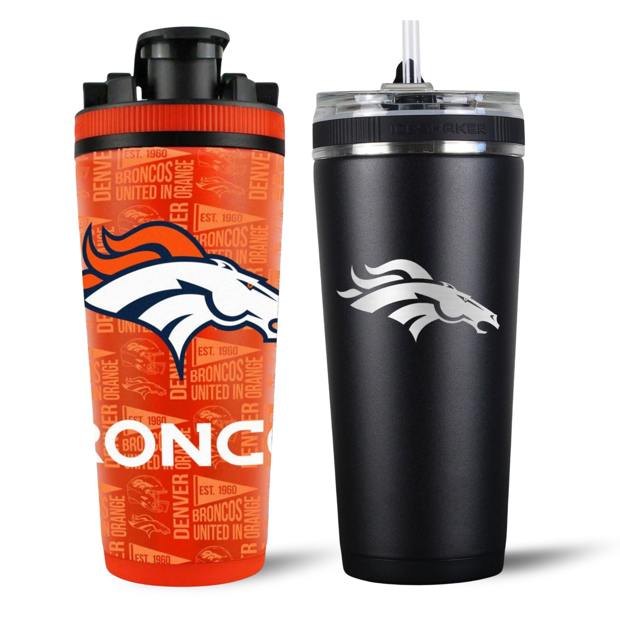Denver Broncos 4D Shaker & Flex Bottle Bundle - NFL Team Sports Water Bottle for Gym, Workout & Tailgating - Insulated Stainless Steel Drinkware for Football Fans