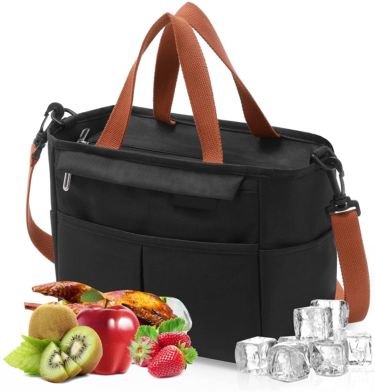 Insulated Lunch Bag for Women & Men - Reusable Durable Lunch Tote with Shoulder Strap, Bottle Holder & Side Pockets - Perfect for Work, Office, Picnic, Travel & School - Black