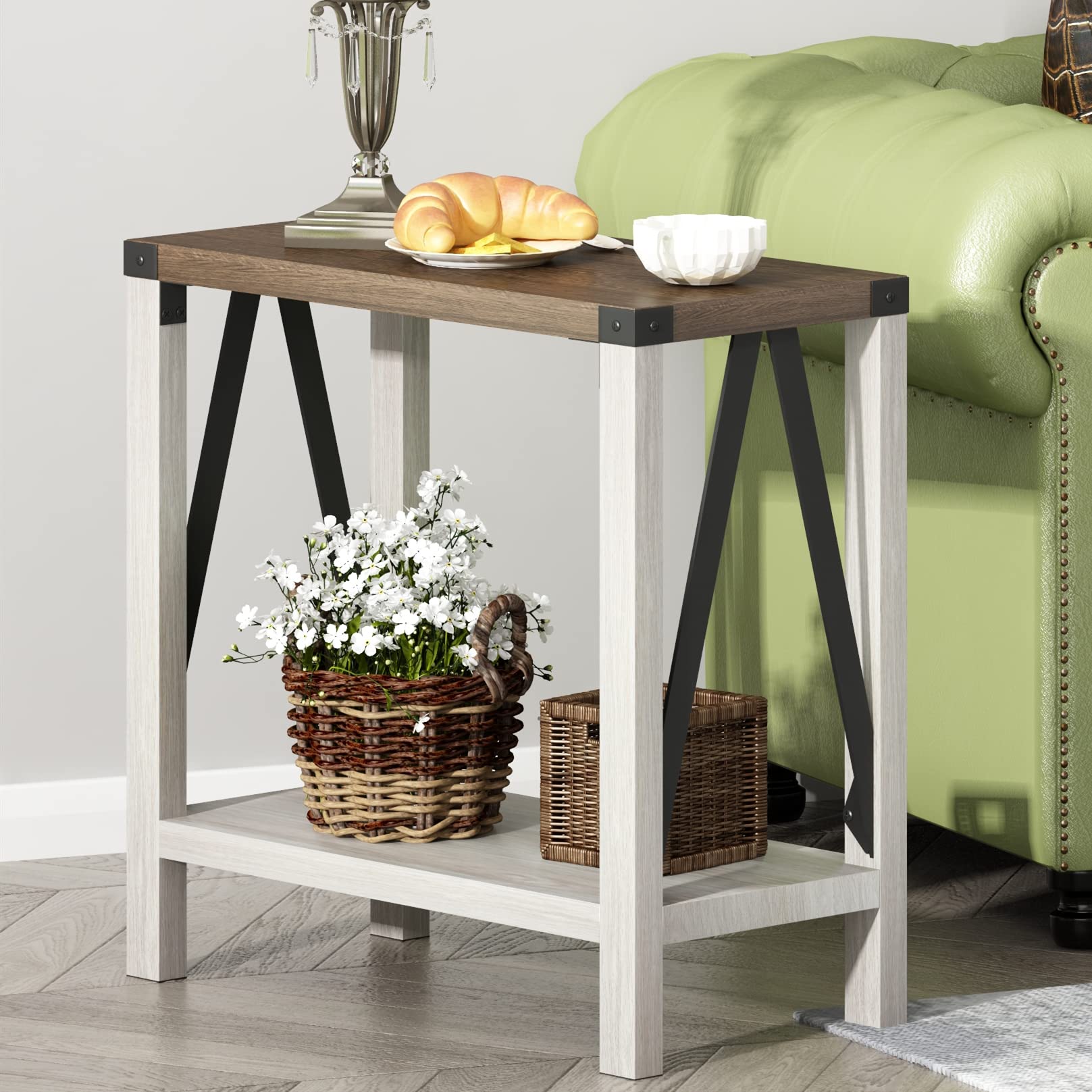 ChooChoo Farmhouse Narrow End Table with Storage Shelf - Rustic A-Design Nightstand for Small Spaces, Sofa Side Table for Living Room & Bedroom (White & Brown) | Perfect for Apartments, Dorms & Cozy Home Decor