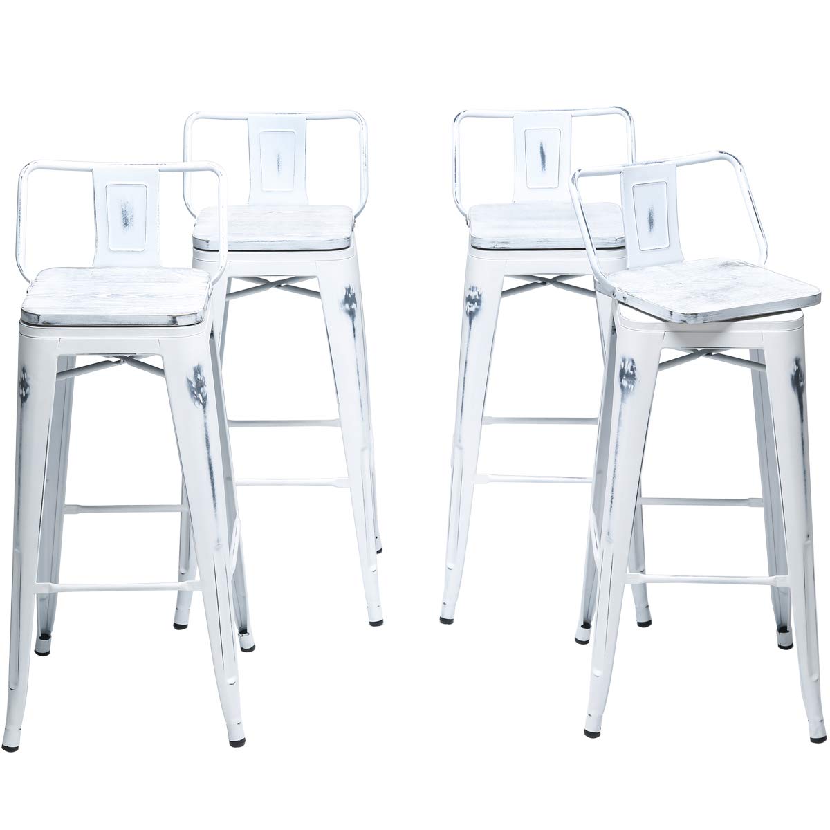 Changjie Furniture Set of 4 Industrial Metal Bar Stools with Backs - 30 Inch Distressed White Counter Height Stools for Kitchen Island, Bistro, Cafe & Home Bar Decor
