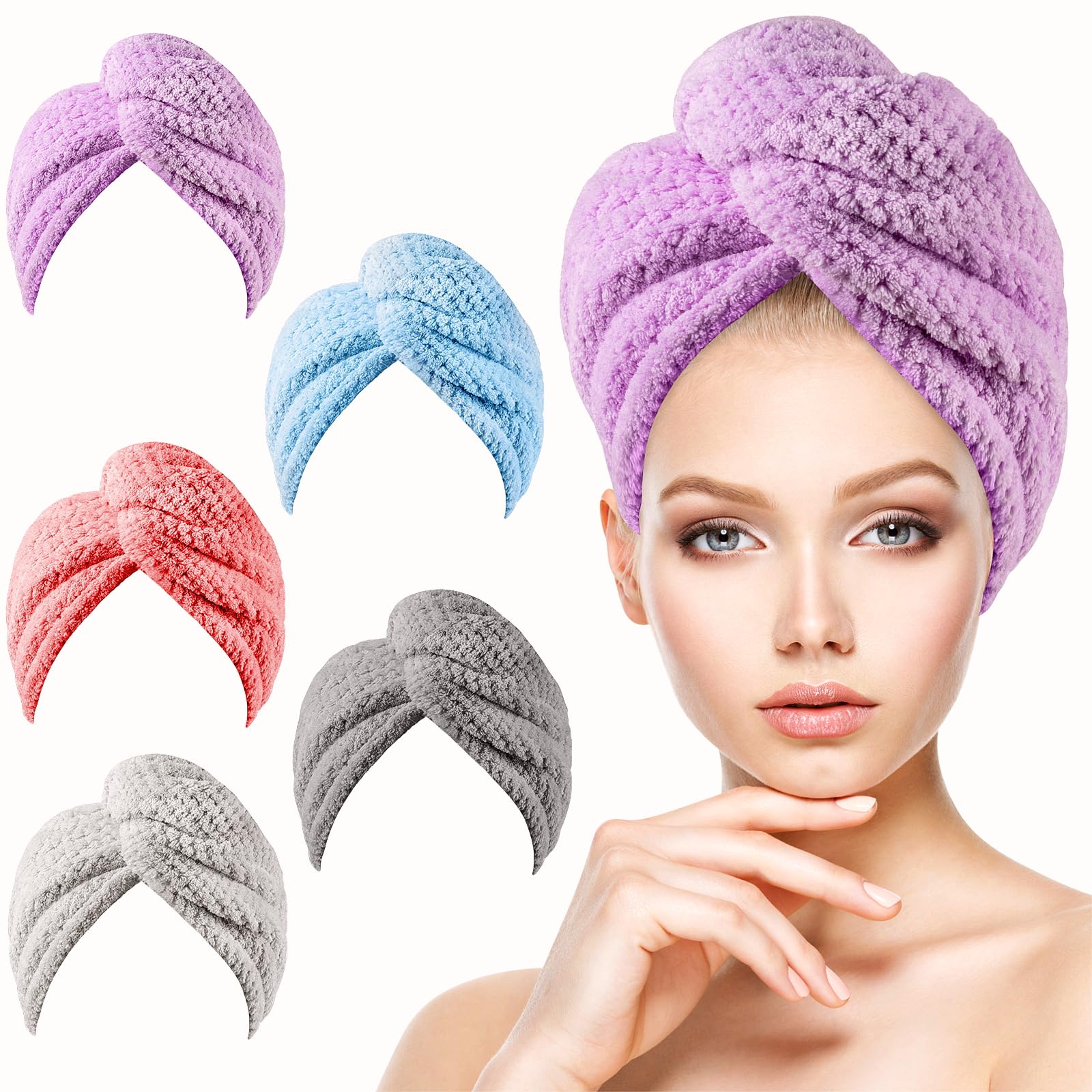 5 Pack Microfiber Hair Towel Wrap for Women - Soft Quick Dry Hair Turban Towels for Curly Hair, Anti-Frizz Hair Wrapping Towels (5 Colors) - Perfect for Post-Shower, Salon & Travel Use