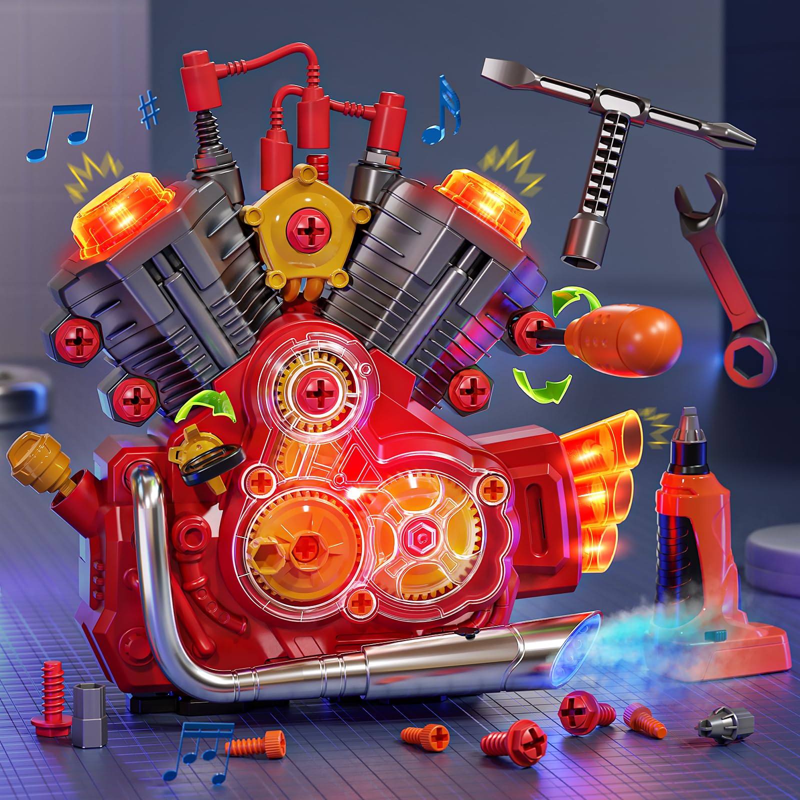 **Motorcycle Engine Building Kit for Kids - STEM Educational Mechanic Toy with Light & Sound, Science Learning Model for Boys & Girls Ages 3+, Realistic DIY Mechanic Tools (Red) - Perfect for Birthday Gifts & STEM Classroom Activities**
