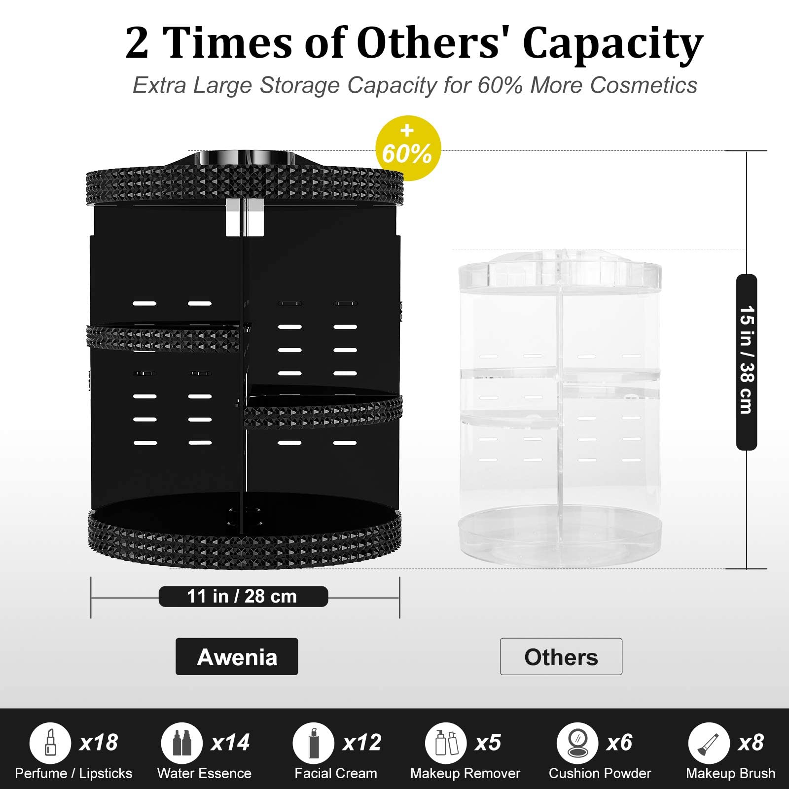 Awenia 360° Rotating Makeup Organizer with Drawer - Acrylic Cosmetic Storage Case for Brushes, Perfume & Jewelry Display (2 Styles, Black) - Perfect Vanity Organizer & Gift for Beauty Lovers | Ideal for Bedroom, Bathroom & Travel Makeup Storage