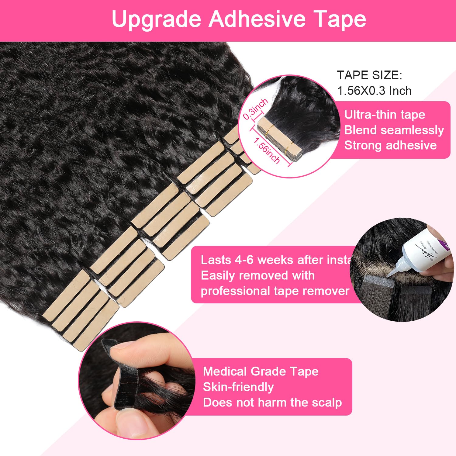 40Pcs Kinky Straight Tape in Hair Extensions - 100% Human Hair, Natural Black, 14 Inch, Invisible Skin Weft for Seamless Blending | Perfect for Black Women's Protective Styles, Weddings & Everyday Glam