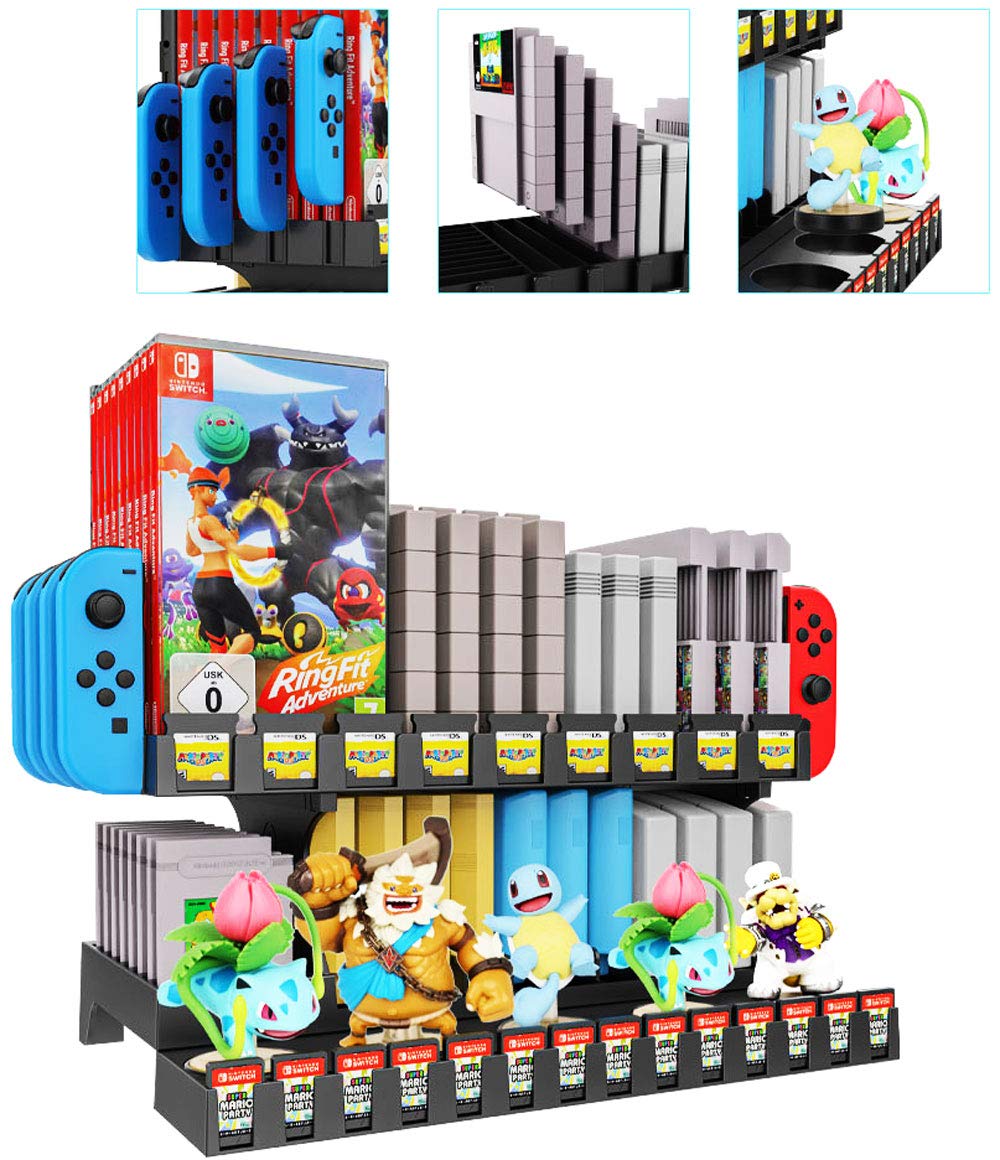 **Skywin Retro Cartridge Game Holder – Compatible with Nintendo Gameboy, NES, N64, 3DS & Switch – Organize Video Game Storage with Slots for Switch Tablet, Joycon Controllers & Amiibo Display – Perfect for Gamers & Collectors**