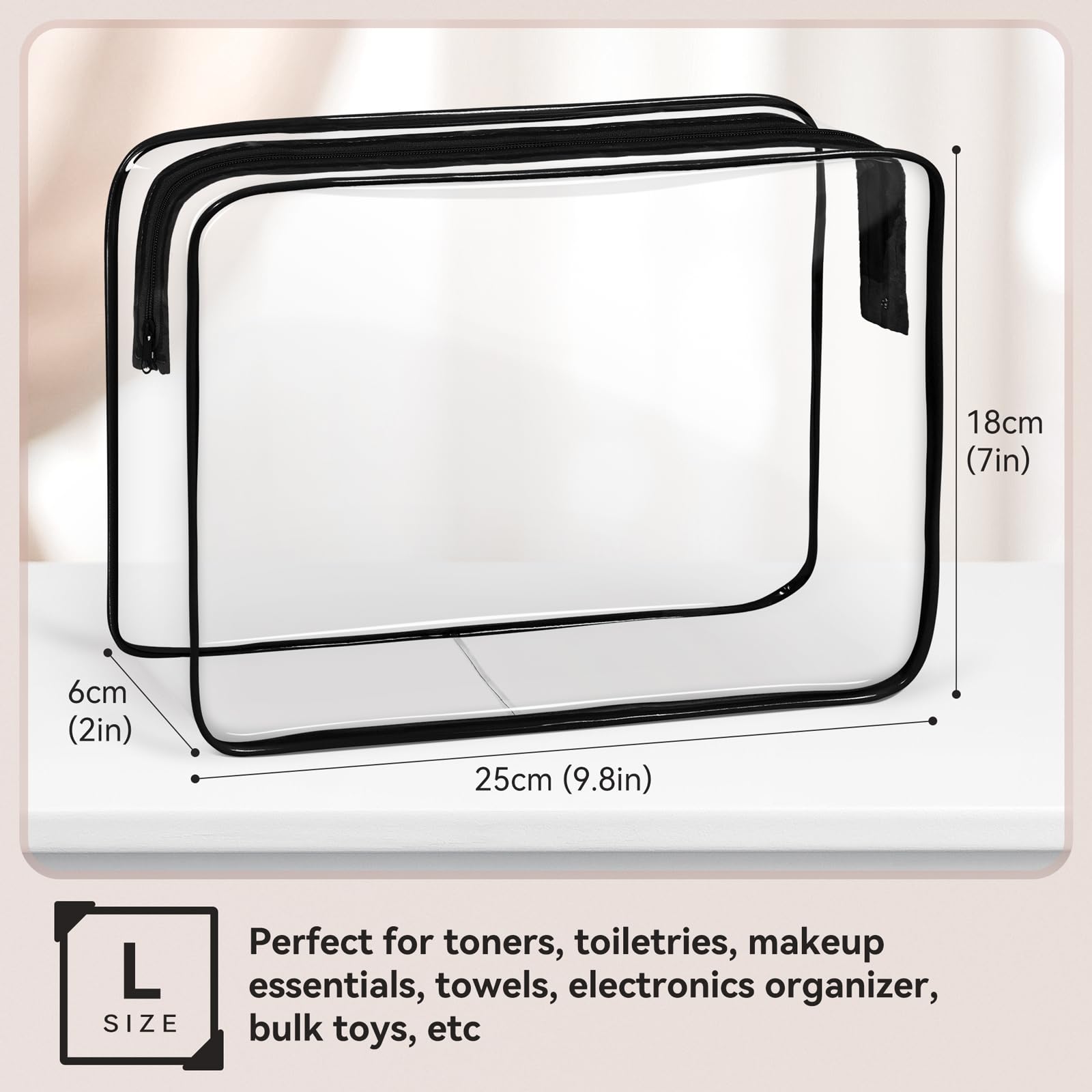 TISRATOK 16-Piece Clear Makeup Bag Set - Waterproof PVC Travel Toiletry Organizer for Cosmetics, Toys & Legos - Medium Black Cosmetic Pouch for Women & Men | Perfect for Travel, Gym & Daily Organization