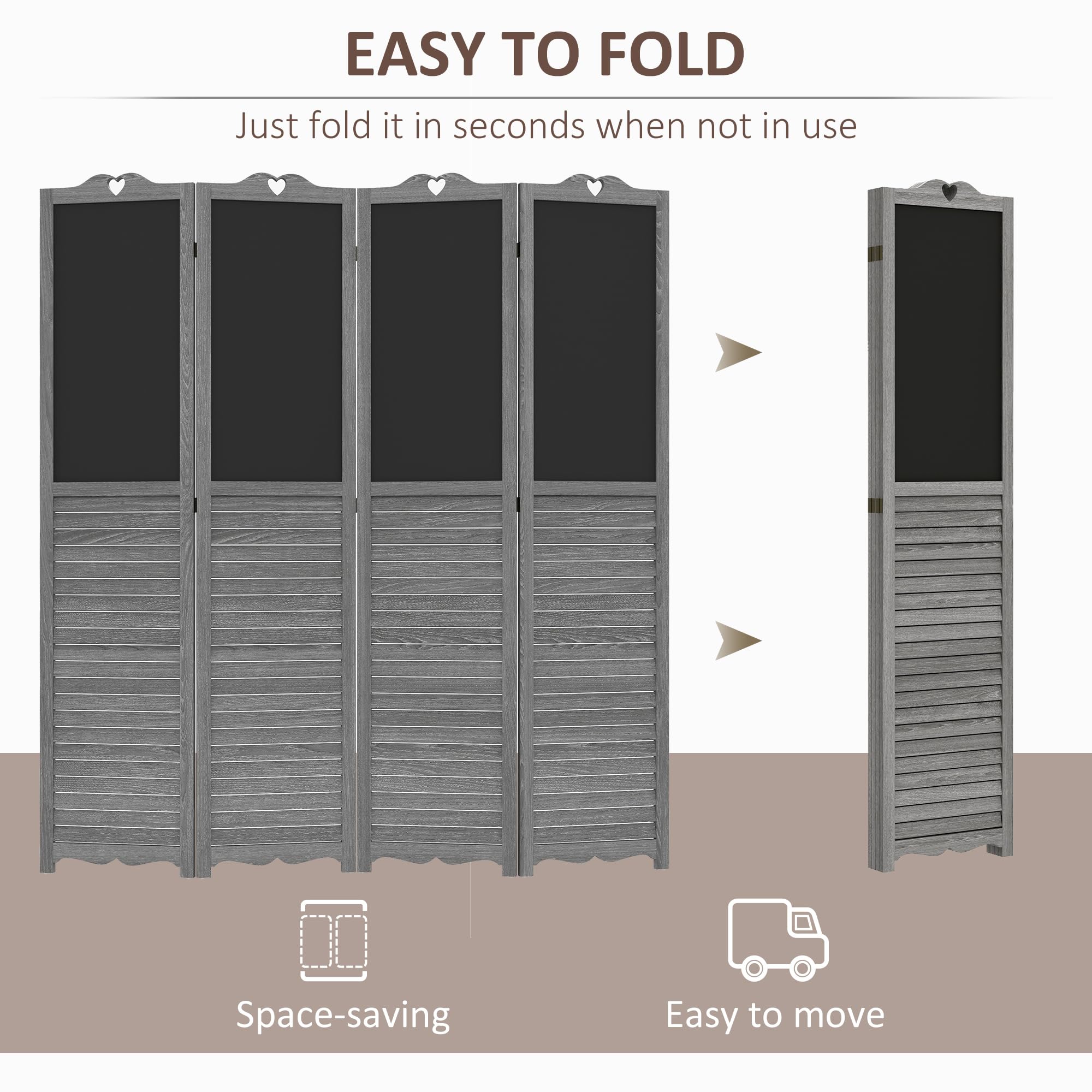 HOMCOM 4-Panel Folding Room Divider with Blackboard - 5.5 Ft Tall Freestanding Privacy Screen for Bedroom, Office, or Classroom - Gray - Perfect for Space Partition, Home Decor, and Creative Writing Surfaces