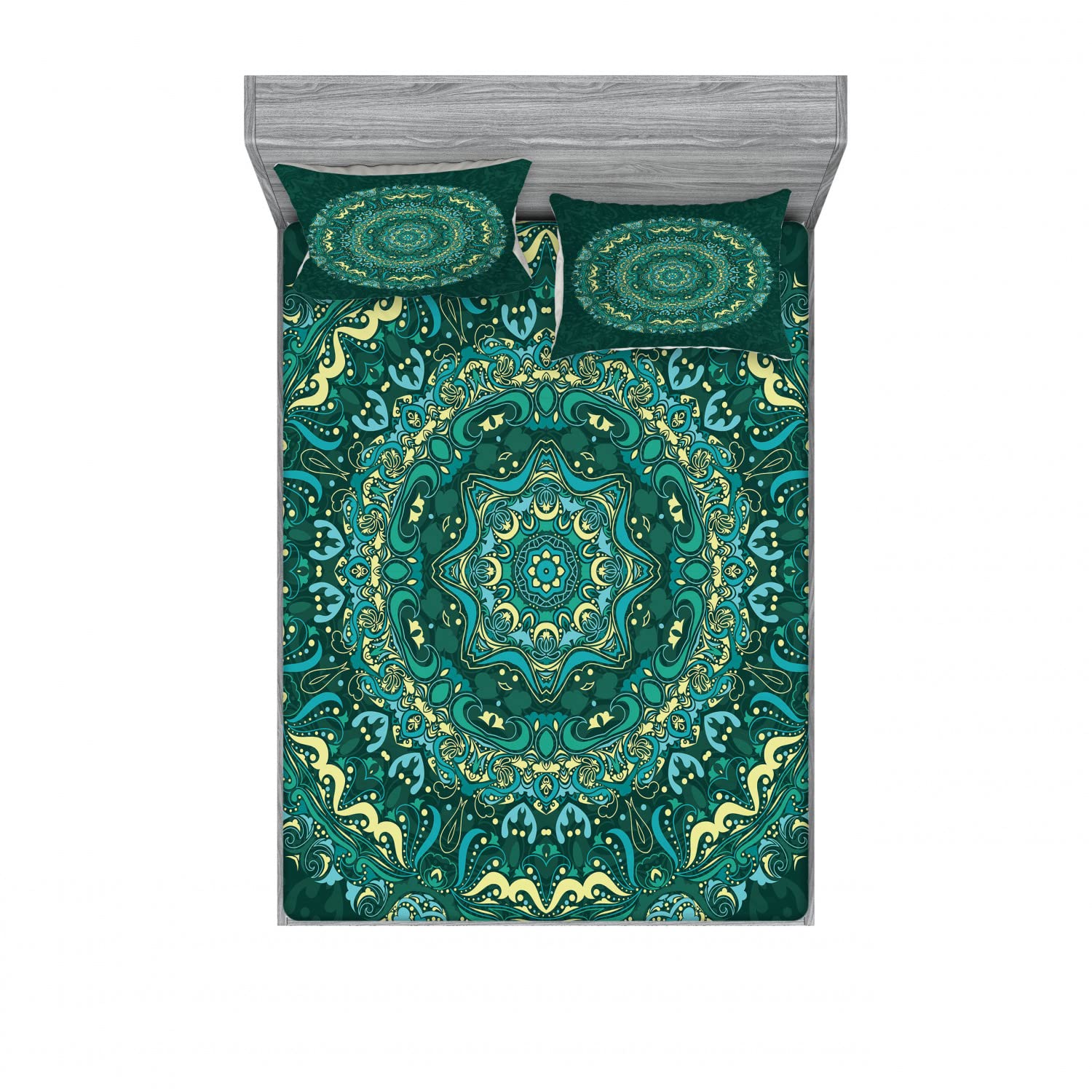 Ambesonne 2-Pack Full Size Fitted Sheet Set with 4 Pillow Shams - Teal Mandala Circle Design, Eastern Inspired Bedding Decor for Modern Home - Perfect for Guest Rooms, Dormitories & Bohemian Style Bedrooms