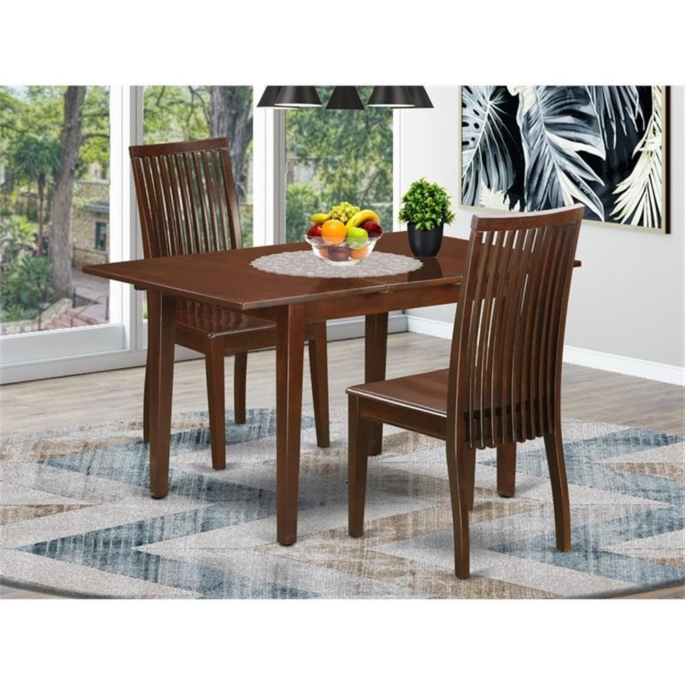 East West Furniture NOIP3-MAH-W 3-Piece Mahogany Dining Set with Extendable Butterfly Leaf Table (32x54 Inch) & 2 Chairs - Perfect for Small Kitchens, Breakfast Nooks & Compact Dining Spaces