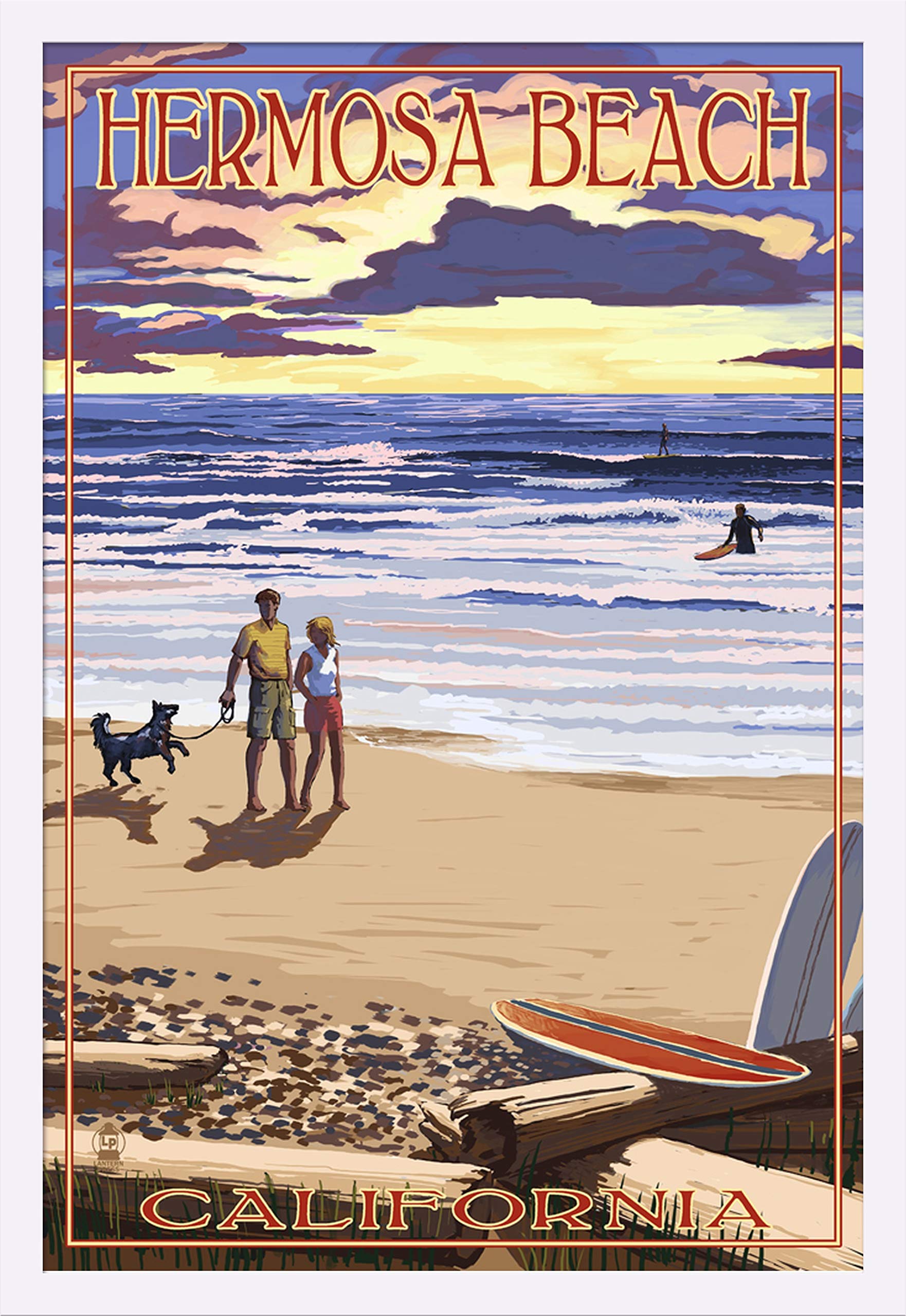 California Sunset Beach Art Print - Hermosa Beach Scenic Wall Decor (24x36 Giclee, Gallery Framed in White Wood) - Perfect for Living Room, Bedroom & Coastal Home Decor