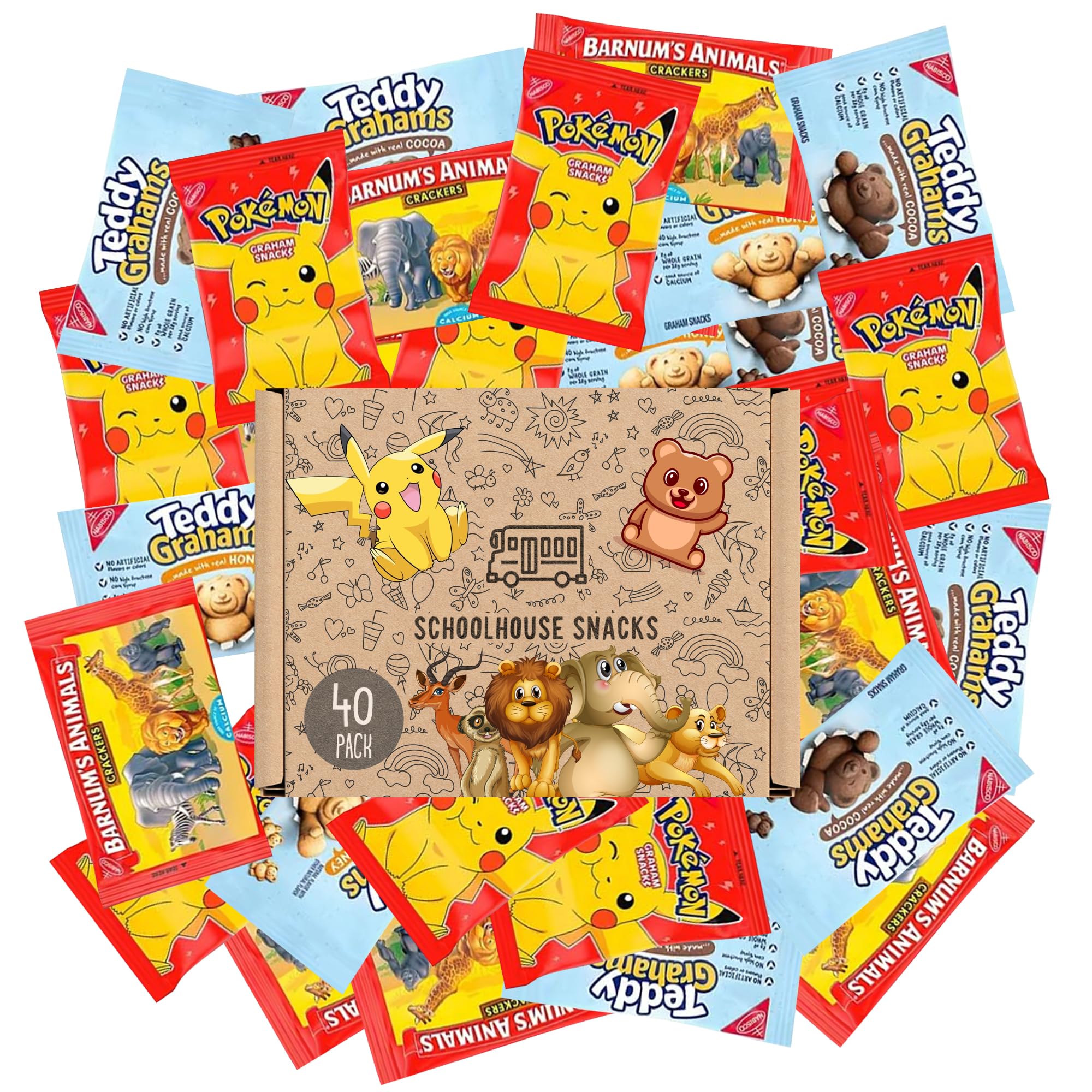 Schoolhouse Snacks Graham Cracker Variety Pack - 40ct Kids Snacks with Pokemon, Barnum's Animal Crackers & Teddy Grahams | Perfect for School Lunches, After-School Treats & Birthday Party Snacks