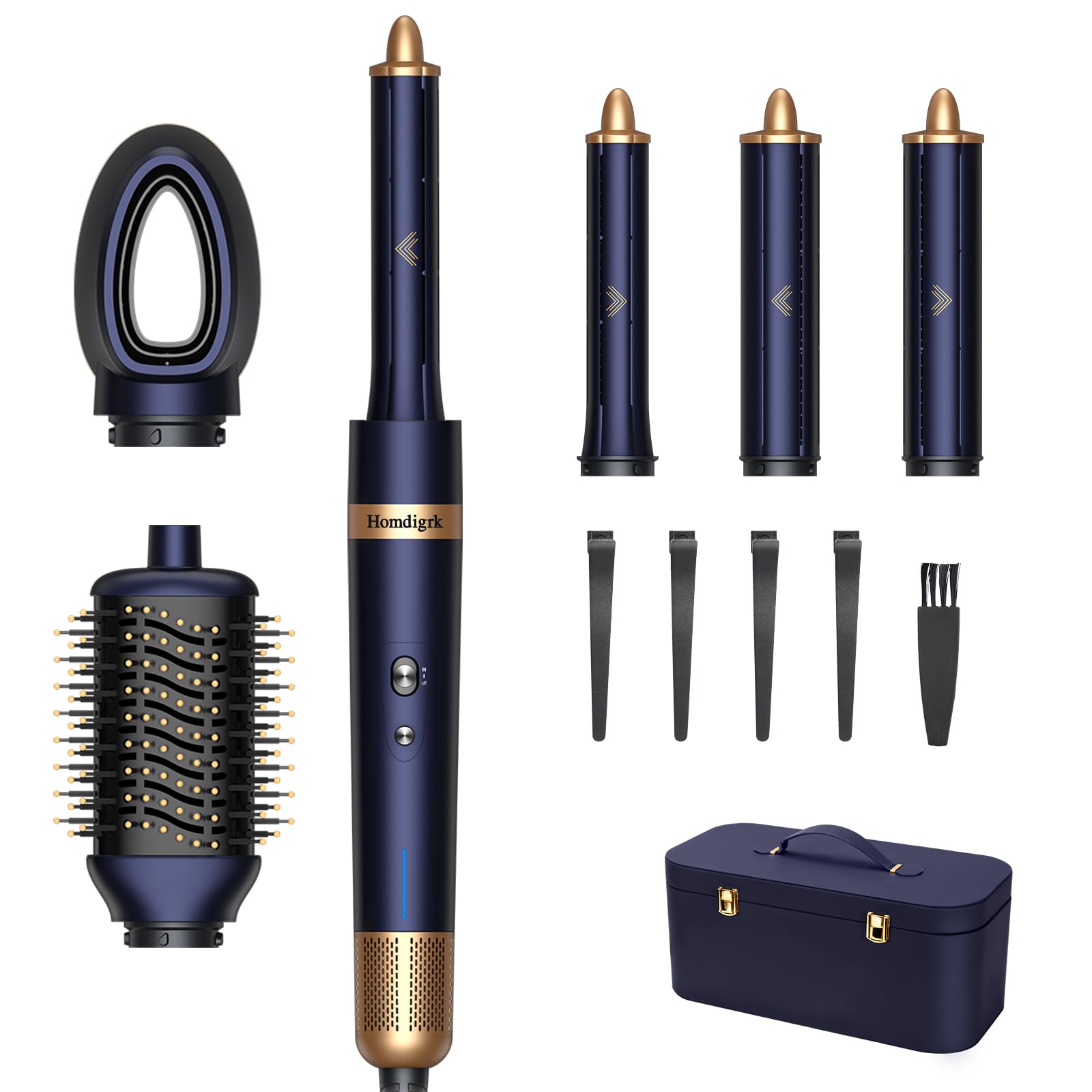 6-in-1 Hair Dryer Brush & Curling Iron Set - Professional Hot Air Styler for Fast Drying, Smoothing & Volumizing - No Heat Damage Blowout Tool with Travel Case (Prussian Blue) - Perfect for Home Use, Salon Styling & Travel