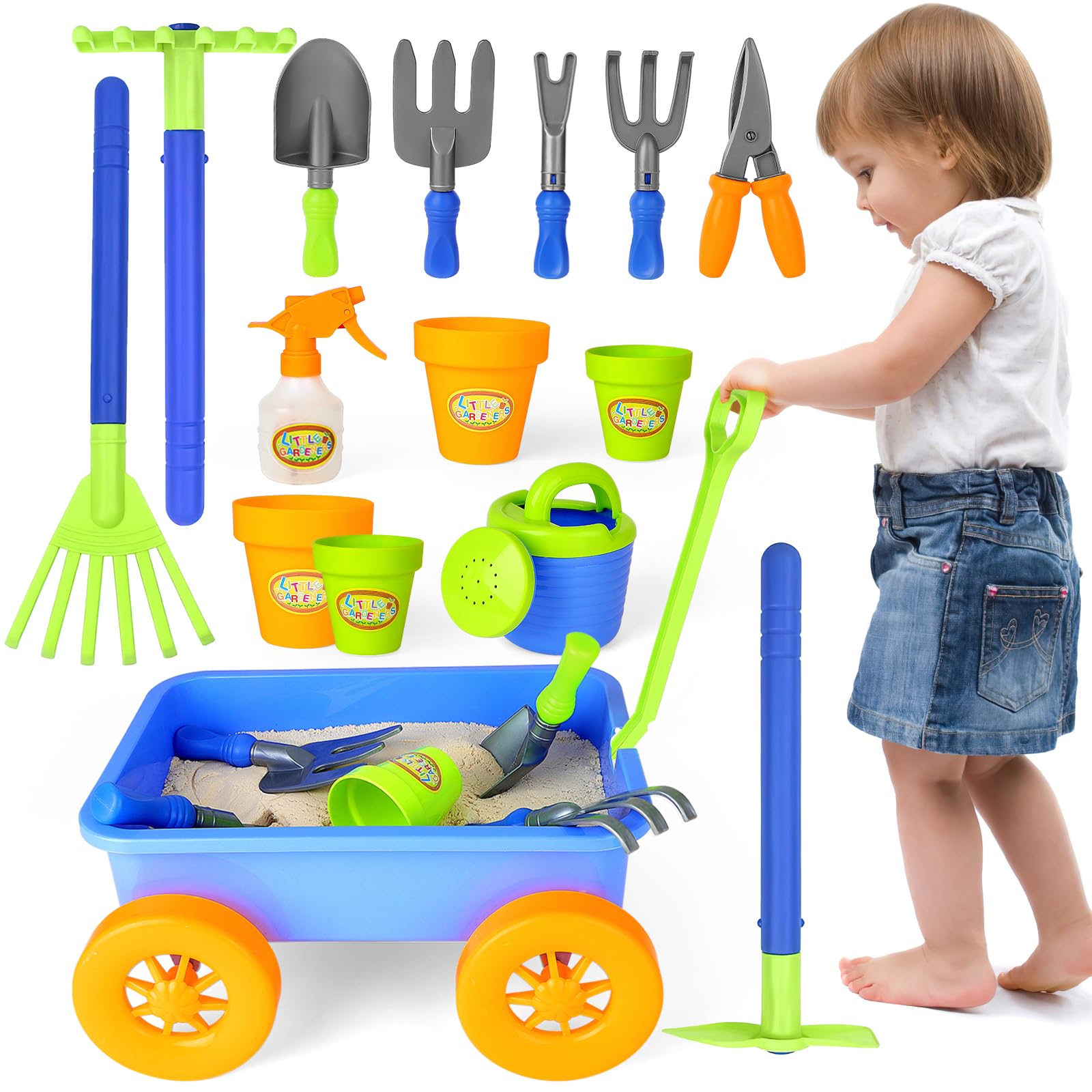 deAO Kids Garden Wagon Wheelbarrow with 10-Piece Gardening Tools & 4 Plant Pots - Outdoor Toddler Toy Set for Pretend Play & Early STEM Learning | Perfect for Backyard Fun, Sandbox Activities & Preschool Gardening Education