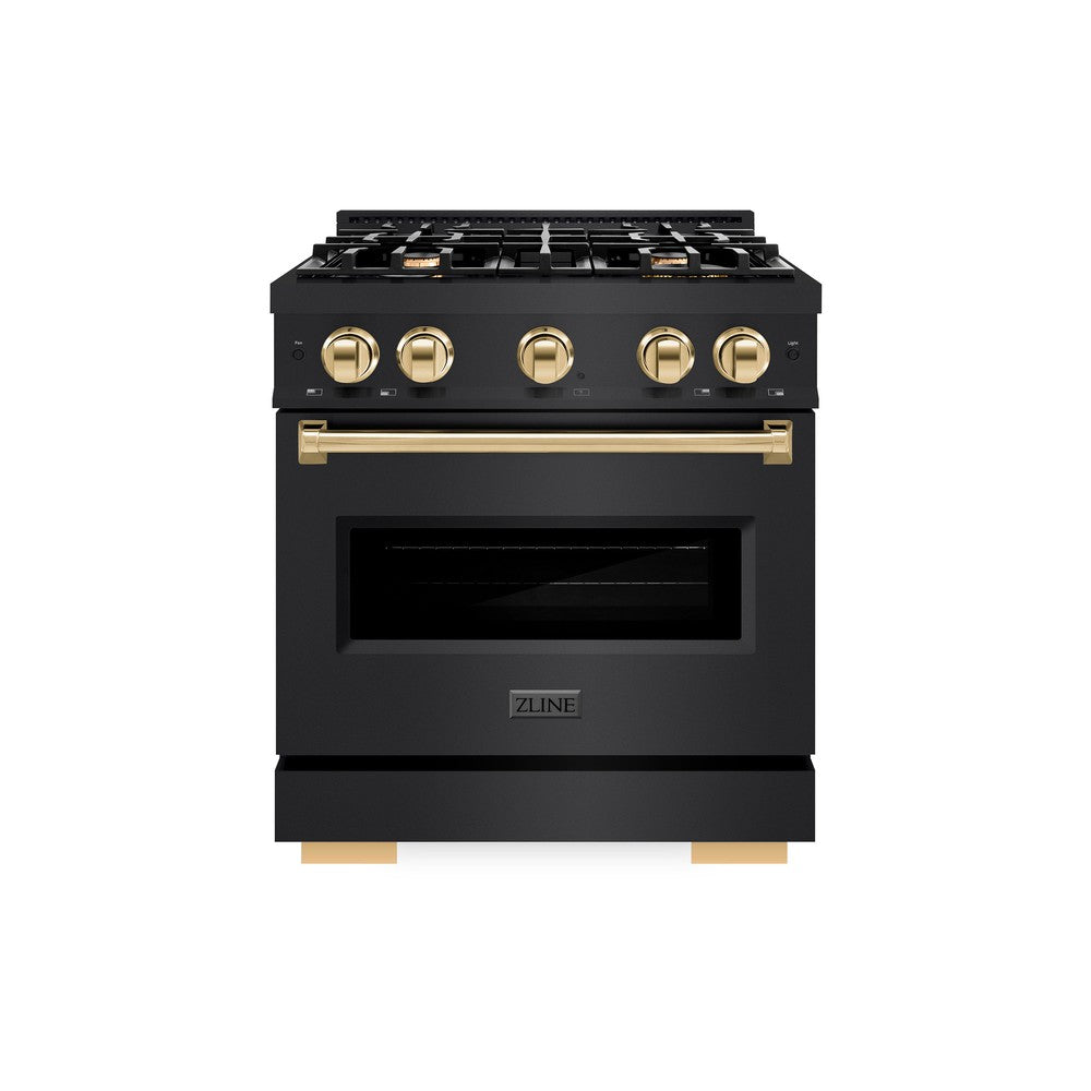 ZLINE Autograph Edition 30-inch 4.2 cu. ft. Dual Fuel Range - Black Stainless Steel with Gold Accents - 4 Burner Gas Cooktop & Convection Oven - Professional Kitchen Appliance for Home Chefs & Cooking Enthusiasts