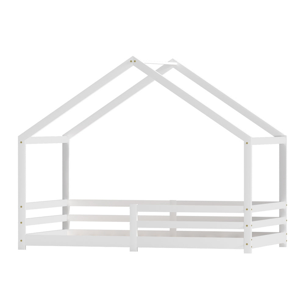 Amos White House Shaped Solid Wood Bed Frame - Queen Size, Sturdy & Elegant Design for Bedroom, Guest Room or Kids Room