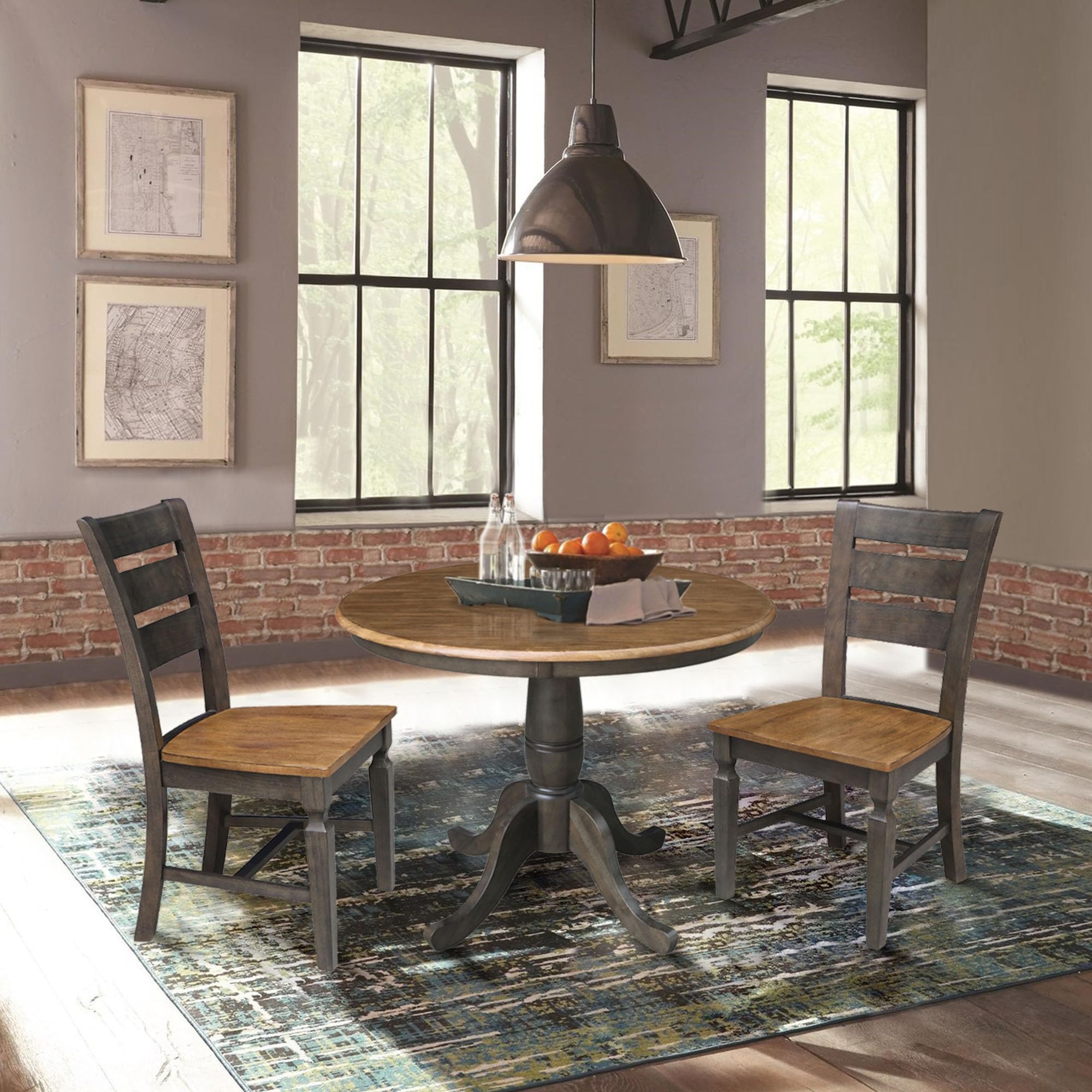 IC International Concepts Vista Ladderback Dining Chairs - Set of 2 Solid Wood Kitchen Chairs, Sturdy Hickory Frame with Washed Coal Finish, Easy Assembly for Dining Room & Kitchen Decor, Perfect for Family Meals & Entertaining Guests