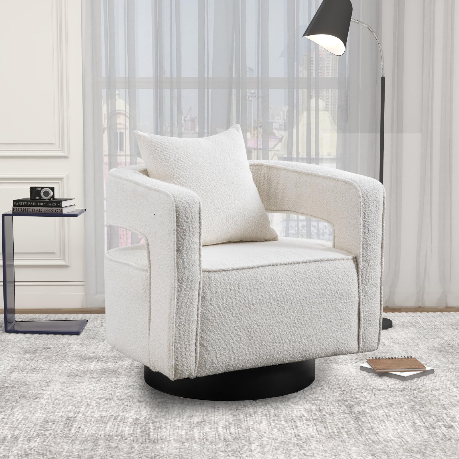 360° Swivel Barrel Chair - Modern Boucle Upholstered Accent Armchair with Hollow Backrest, 29