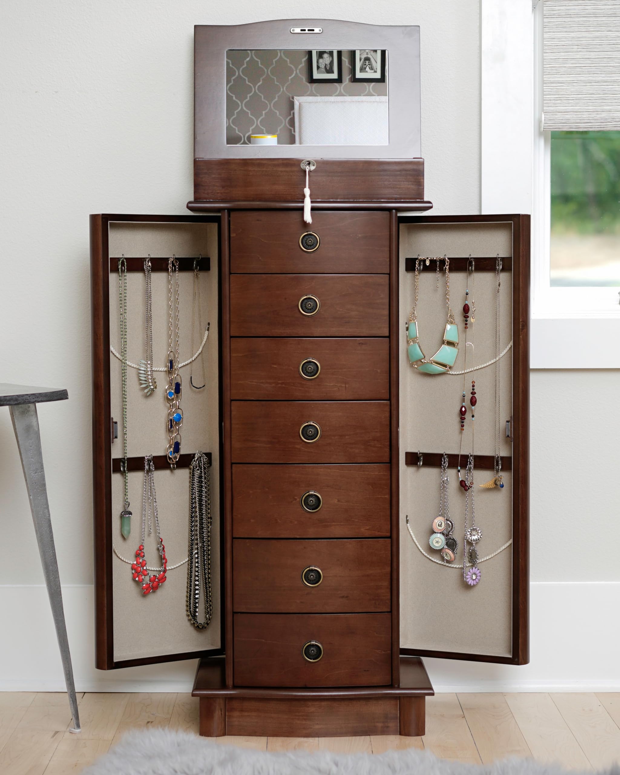 Hives & Honey Noel Standing Jewelry Armoire Cabinet - Locking Jewelry Storage Organizer with Flip Mirror, 2 Side Doors & 7 Drawers - Walnut Jewelry Chest for Necklaces, Earrings, Bracelets - Perfect for Bedroom, Closet or Dressing Room Organization