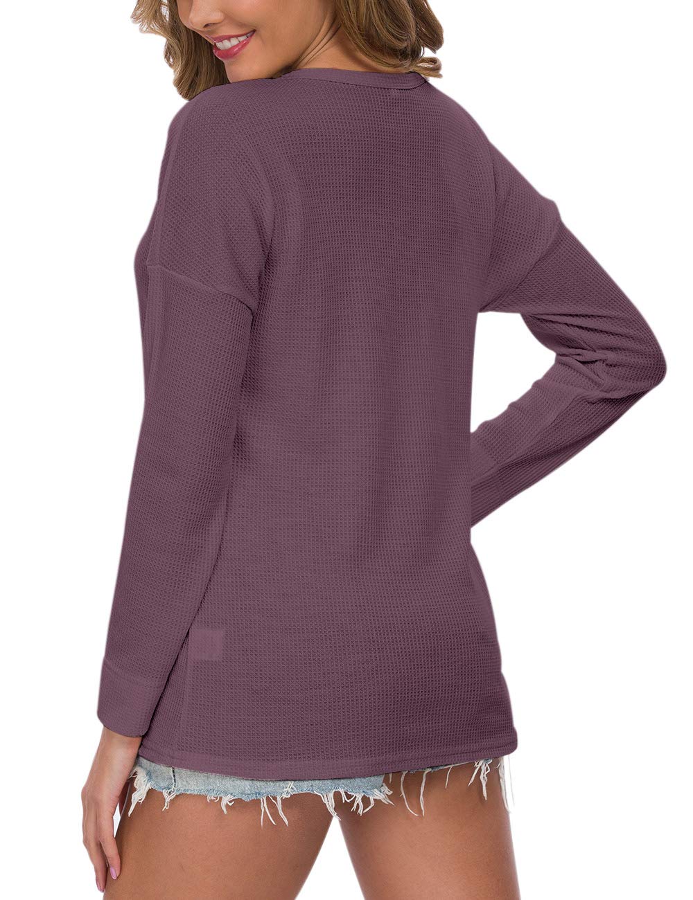 WNEEDU Women's Waffle Knit Tunic Top - Loose Fit Long Sleeve Button Up V-Neck Henley Shirt for Casual Wear, Office & Fall Outfits