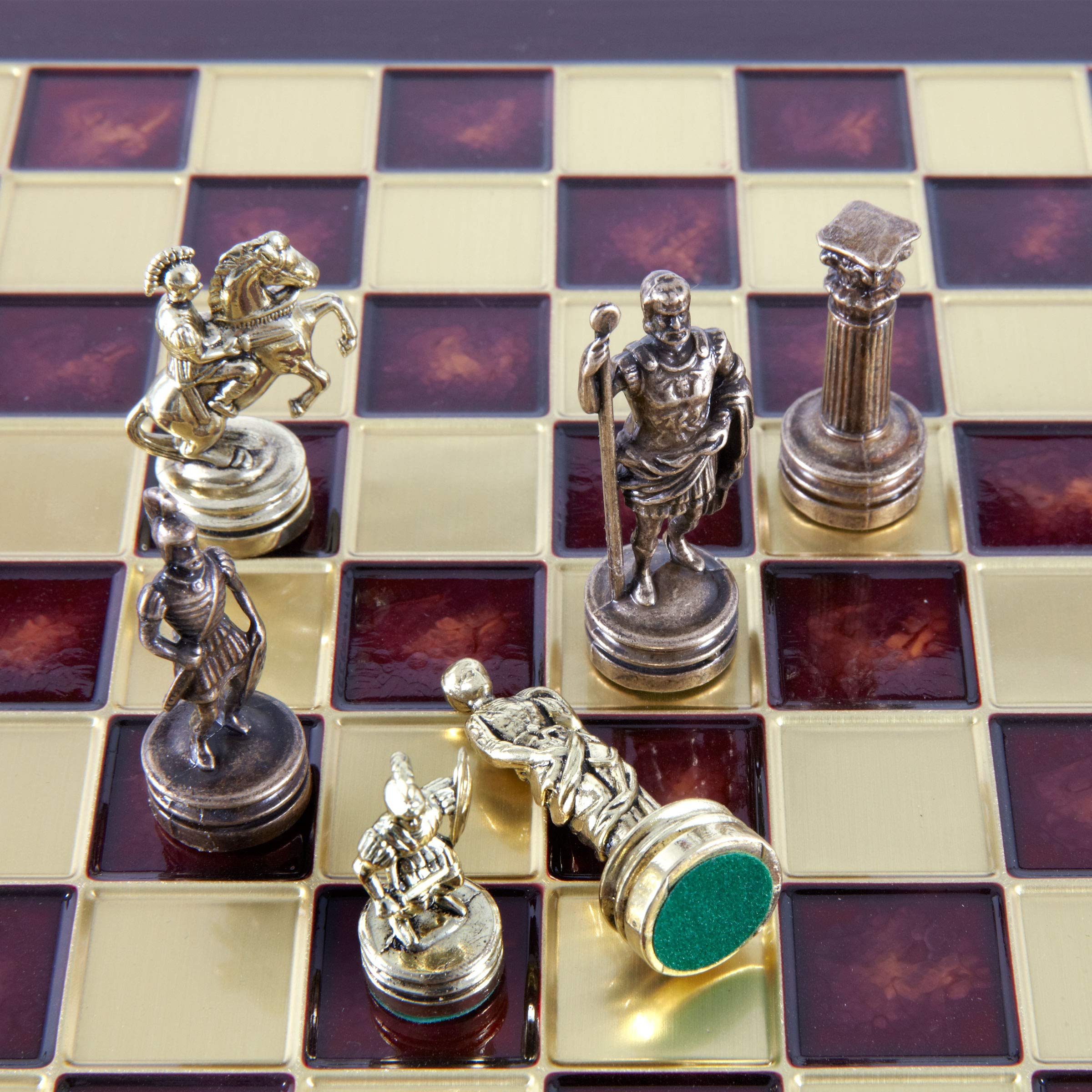 Greek Roman Army Chess Set - Brass & Copper Pieces with Red Wooden Board - Perfect for Collectors, Home Decor, and Strategy Game Lovers