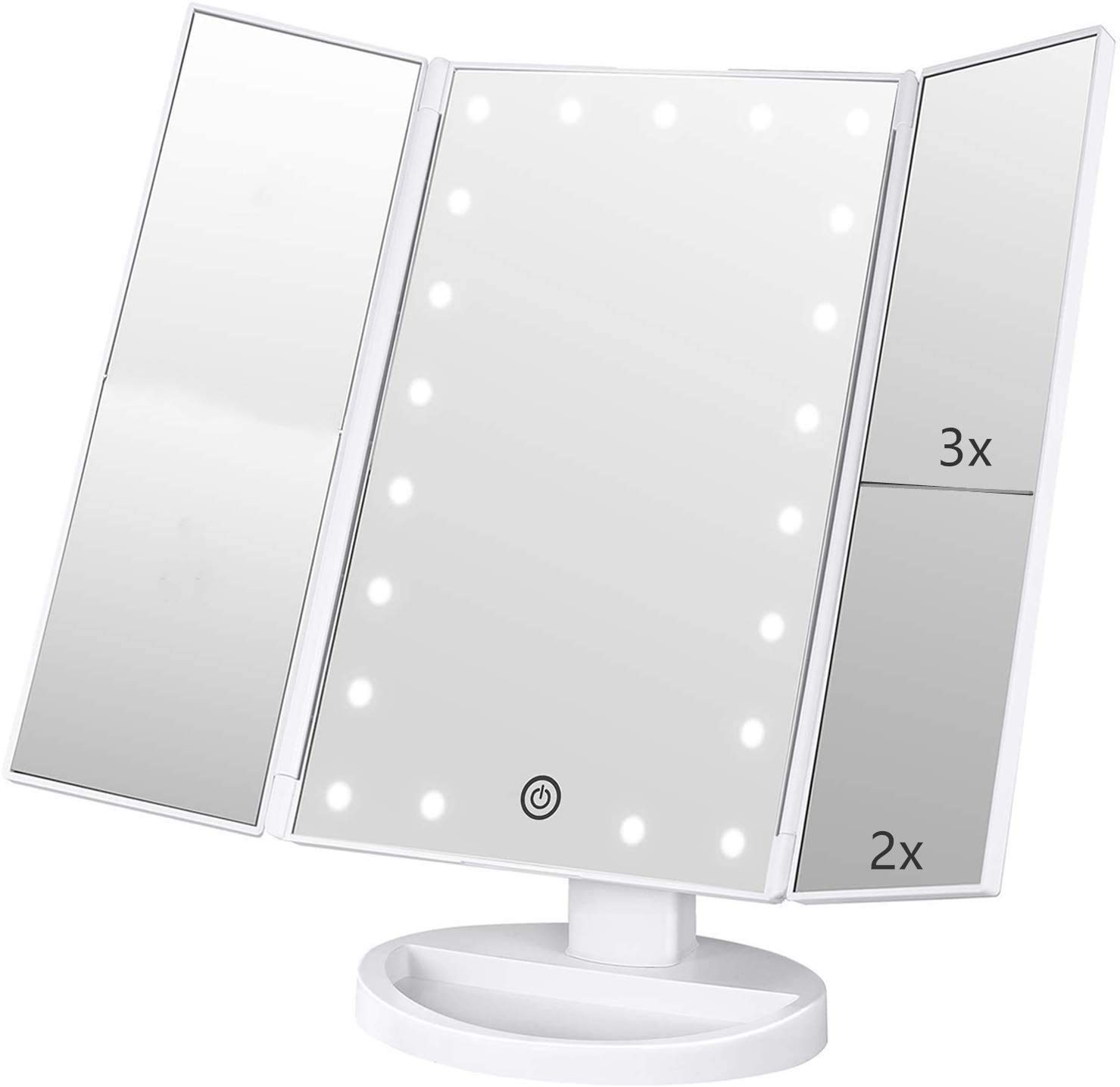 Infitrans 3-Fold Lighted Vanity Makeup Mirror with 1X/2X/3X Magnification - 21 LED Touch Screen Bright Table Mirror, 180° Adjustable Rotation - Portable Travel Cosmetic Mirror for Home, Bathroom & Professional Makeup Application