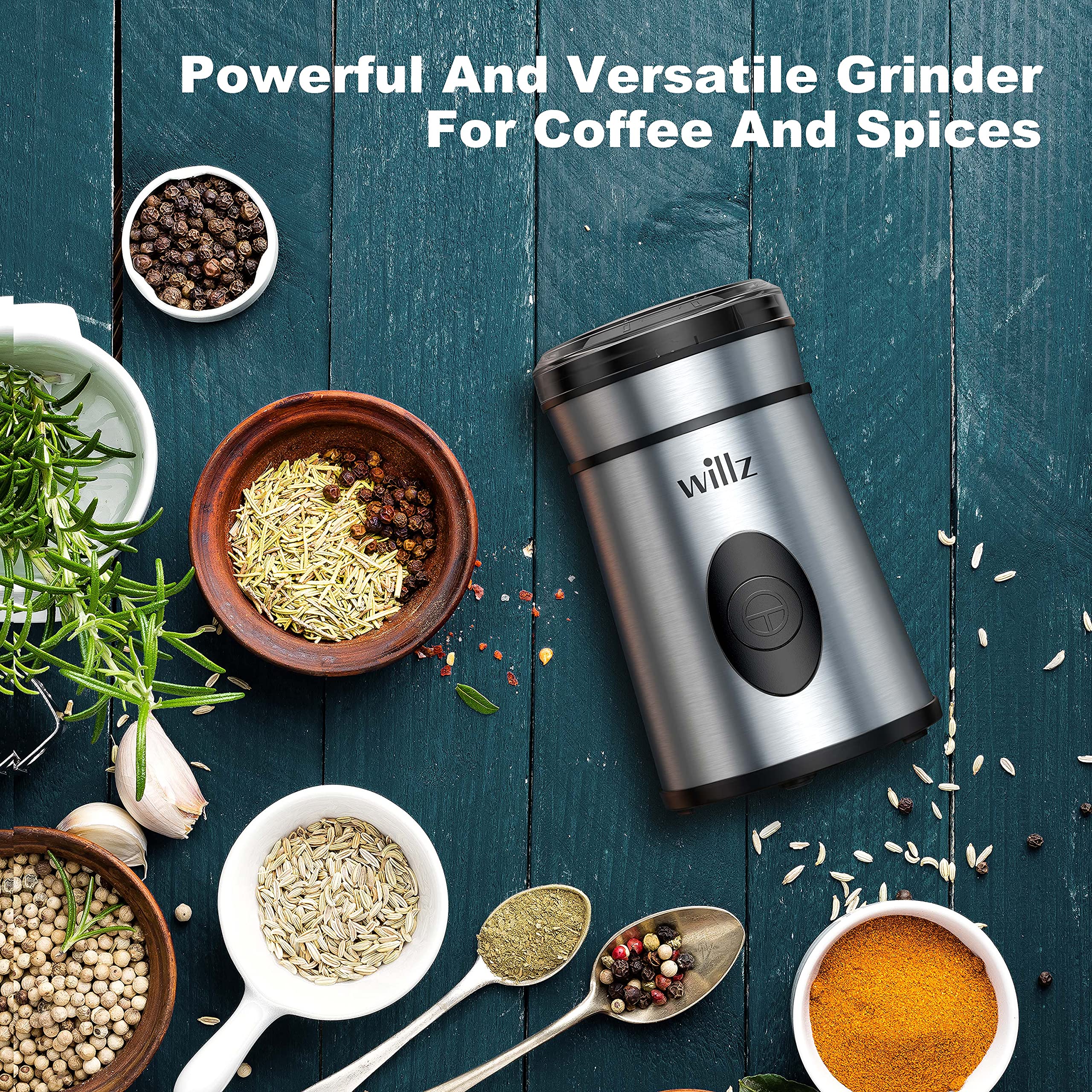 Premium Willz Electric Coffee Grinder - 200W Stainless Steel Blade for Beans, Spices & Herbs | 50g Capacity (6 Cups) | One-Touch Operation | Perfect for Home Kitchens, Camping & Gifts
