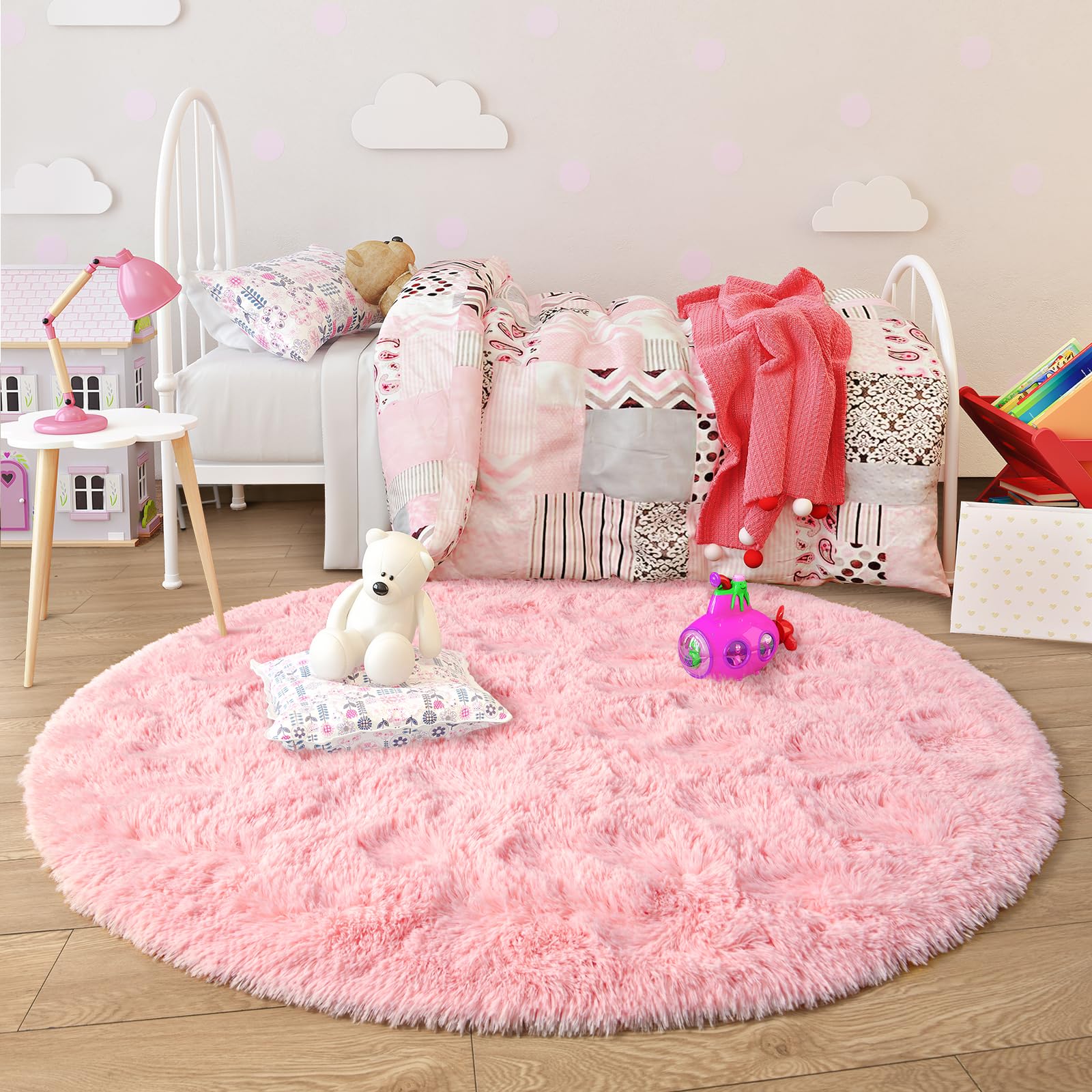 **Junovo Pink Round Fluffy Soft Area Rug 6x6 Feet - Plush Shaggy Carpet for Kids Girls Room, Princess Castle Nursery Rug, Cute Circle Carpet for Teens Bedroom & Home Decor - Perfect for Playrooms, Dorm Rooms & Cozy Spaces**