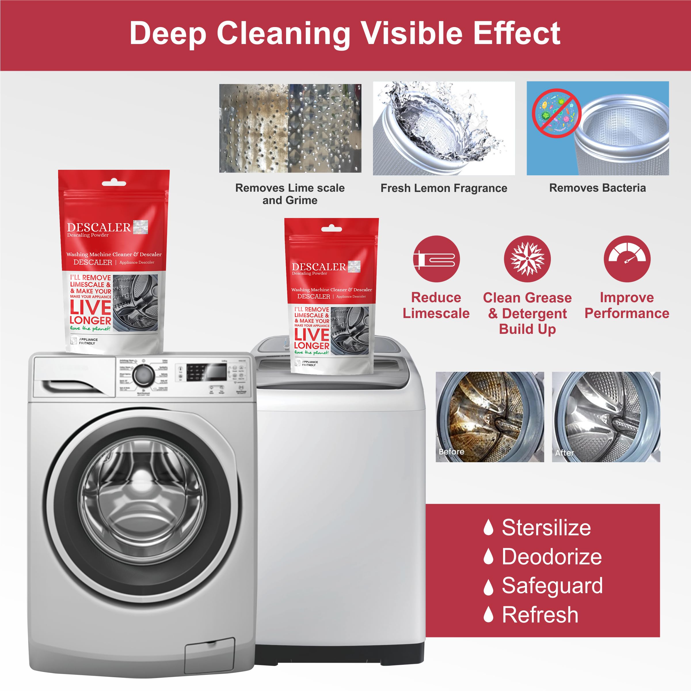 Deetto Washing Machine Cleaner & Descaler Powder - 100g (Pack of 4) - Removes Odor, Limescale & Mold for Front Load & Top Load Washers - Perfect for Laundry Maintenance & Deep Cleaning