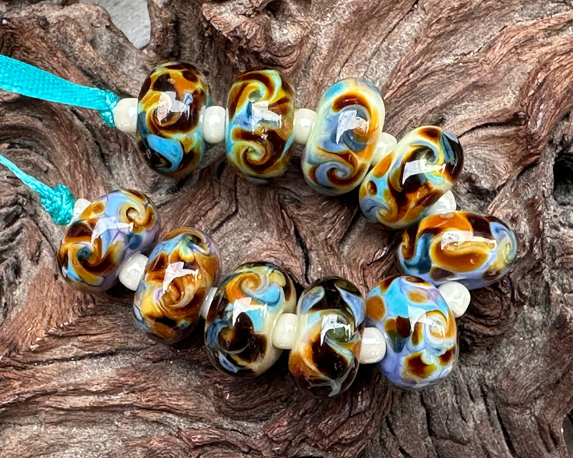 Handmade Turquoise and Brown Swirl Glass Lampwork Beads Set for Jewelry Making - DIY Necklace, Bracelet, Earrings Craft Supplies - Perfect for Boho, Hippie Style Accessories