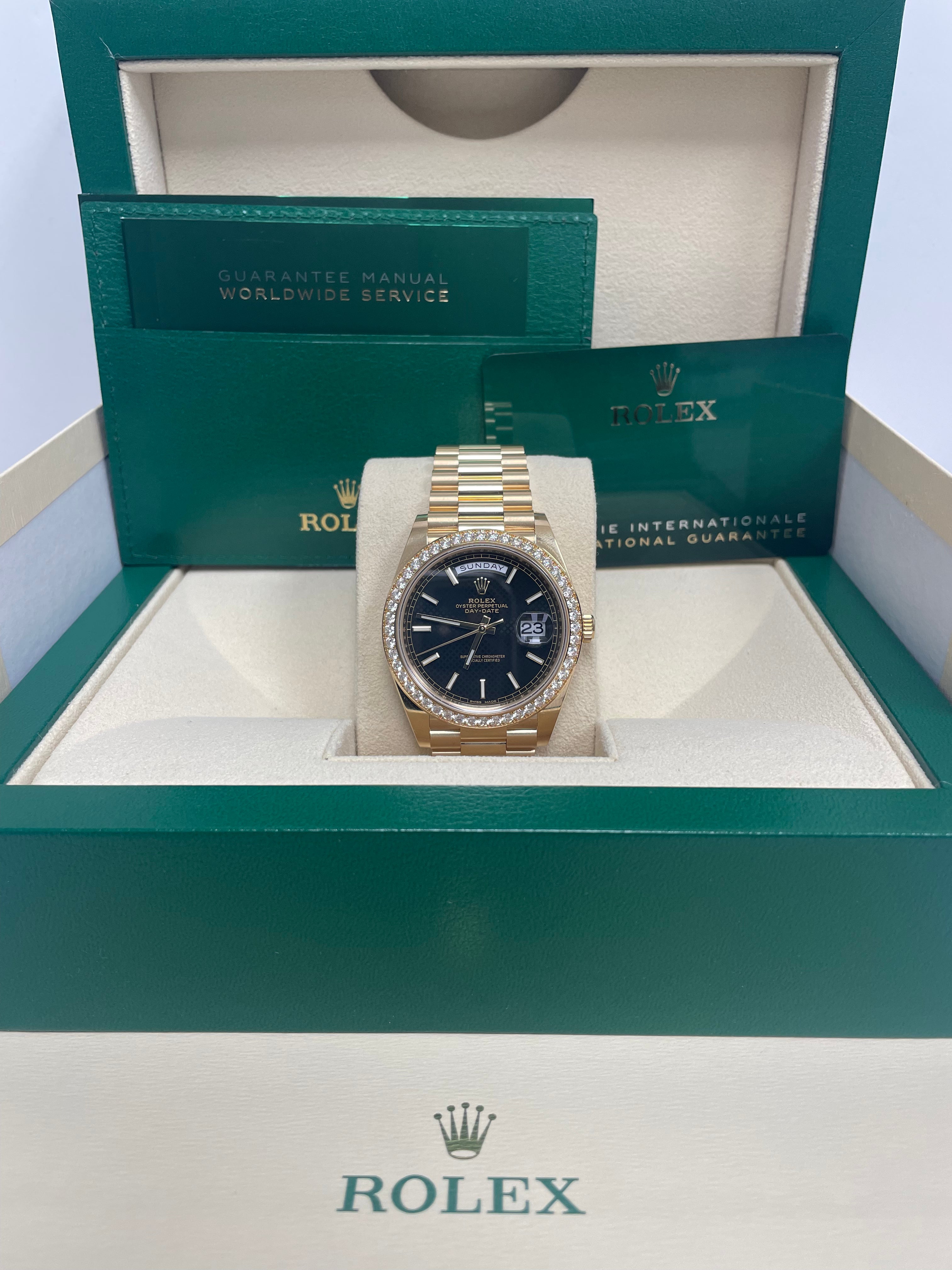 Rolex Day Date 40mm 18K Yellow Gold Men's Watch with Black Diamond Dial & Diamond Bezel, President Bracelet (Ref# 228348RBR) - Luxury Dress Watch for Business & Formal Occasions