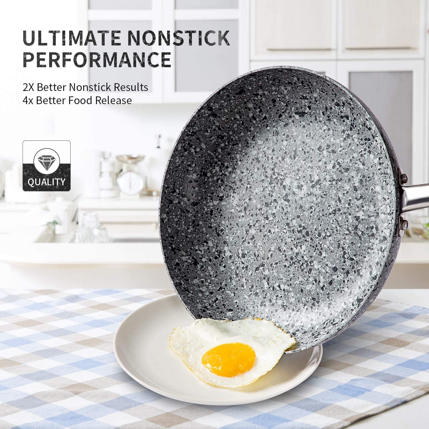 MICHELANGELO 8, 10 & 12 Inch Nonstick Frying Pan Set with Lid - Granite Stone Skillet Cookware with Stone-Derived Coating | Perfect for Searing, Sauteing & Everyday Cooking