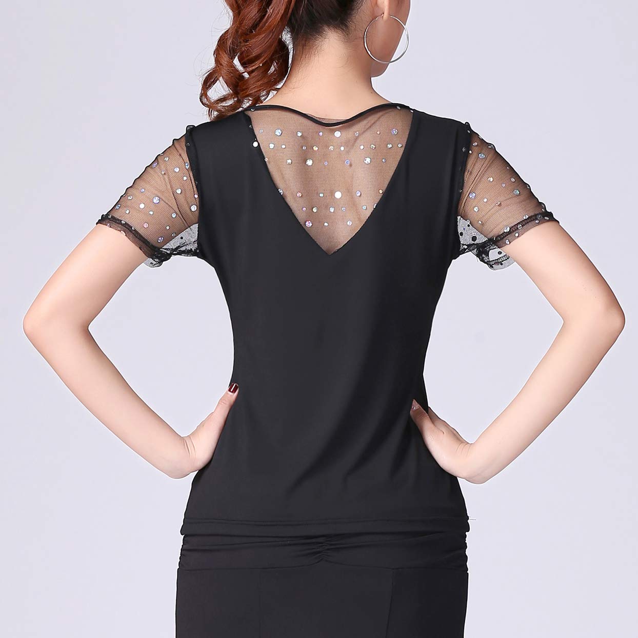 Elegant White Sweetheart Ballroom Latin Dance Top with Sequin Details - Short Sleeve Practice Shirt for Women | Perfect for Salsa, Tango & Competitive Dance Performances