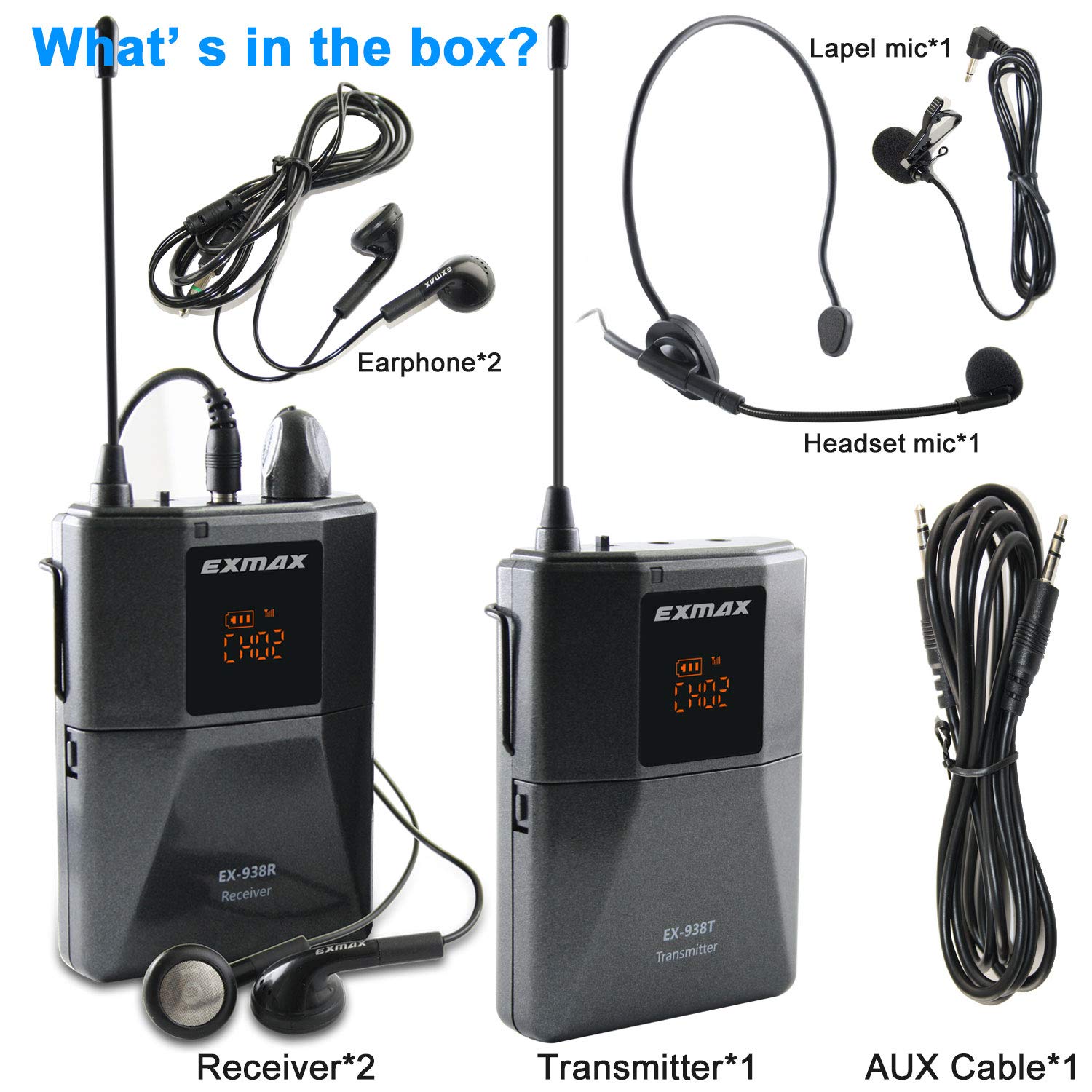 EXMAX UHF-938 Wireless Headset Microphone System - UHF Acoustic Transmission for Church Worship, Tour Guide, Translation Teaching & Travel (1 Transmitter + 2 Receivers) | Perfect for Simultaneous Interpretation, Public Speaking & Outdoor Events