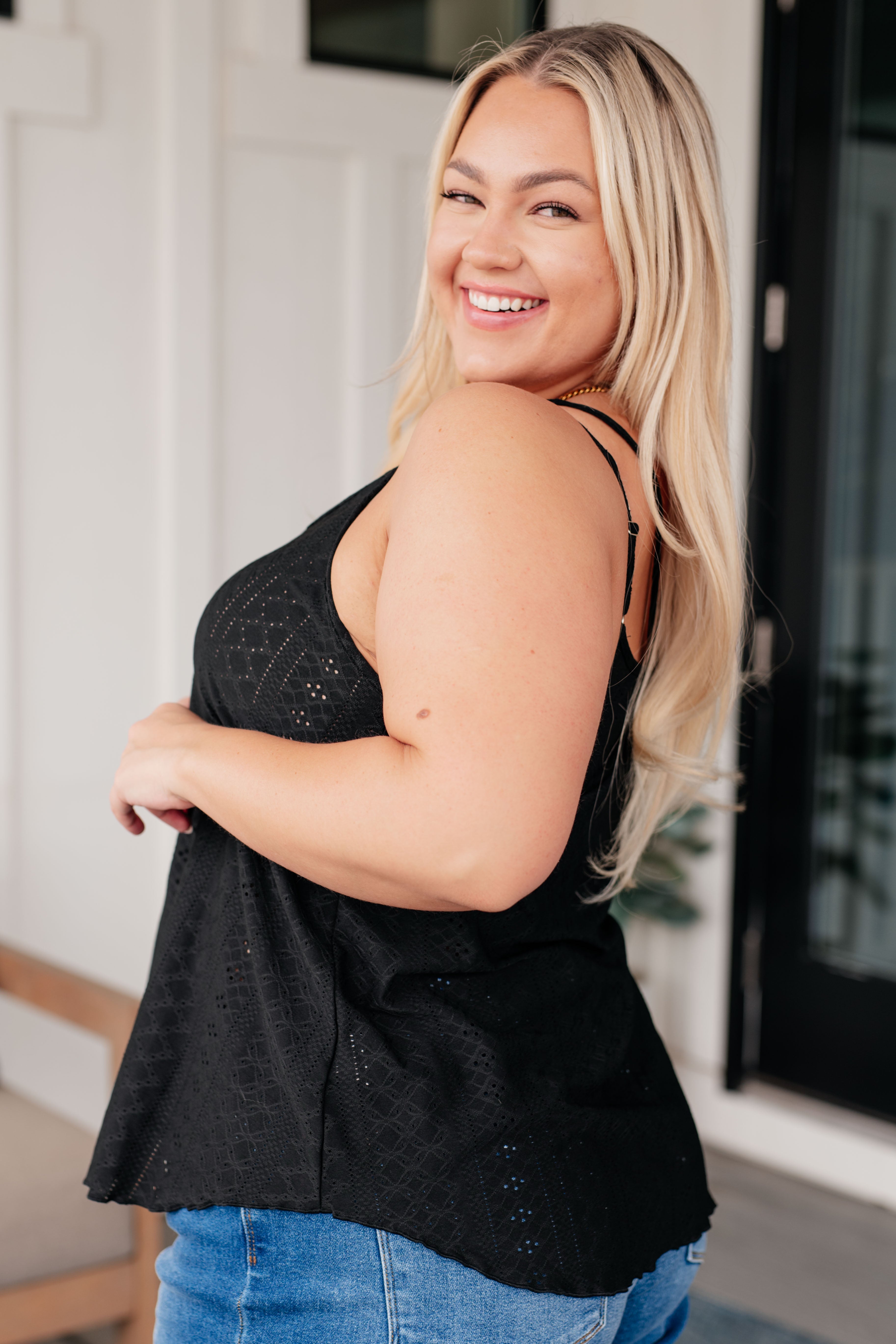 Black Eyelet Tank Top for Women - Stylish & Comfortable Summer Casual Wear - Perfect for Outings, Beach & Everyday Fashion
