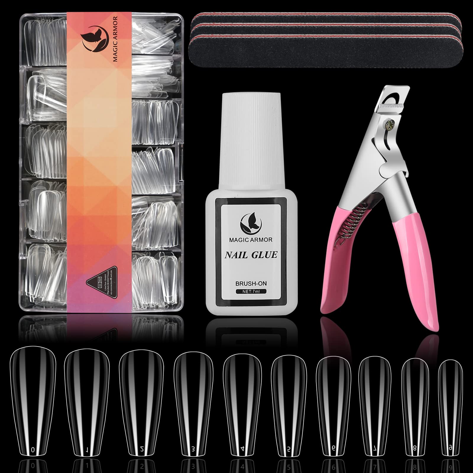 550Pcs MAGIC ARMOR Nail Tips Kit - Coffin Long False Nails with Glue, 10 Sizes Nail Capsules for DIY Nail Art & Extension | Perfect for Salon, Home Manicure & Party Nail Designs